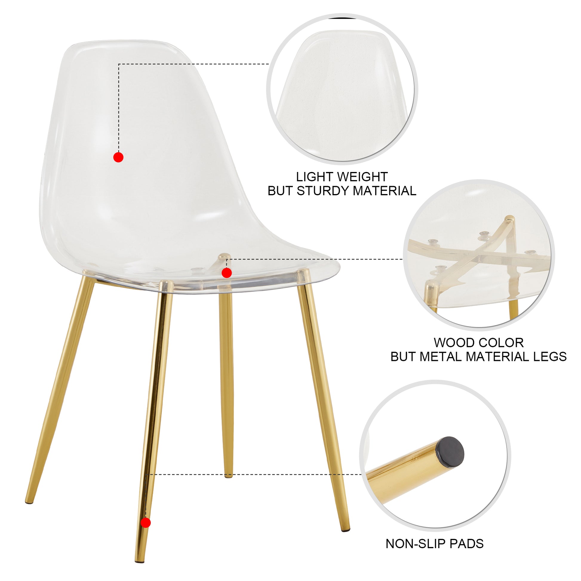 Modern Minimalist Transparent Dining Chair, Plastic Chair, Armless Crystal Chair, Nordic Creative Makeup Stool, Negotiation Chair, 6 Piece Set Of Gold Plated Metal Legs, Tw 1200 Golden Metal