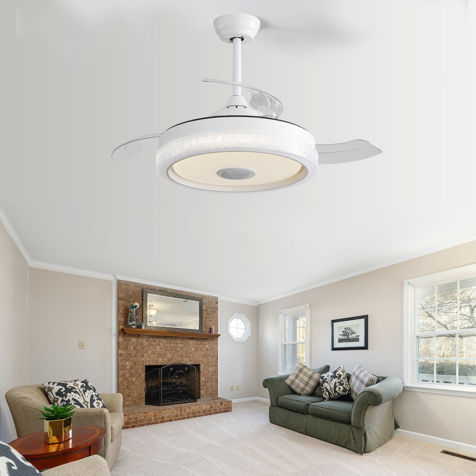 42 Inch Modern Invisible Ceiling Fan, 120V 3 Abs Blades Remote Control Reversible Dc Motor, With 36W Led Light Smart App Control, Past Etl Ceiling Fan White Metal