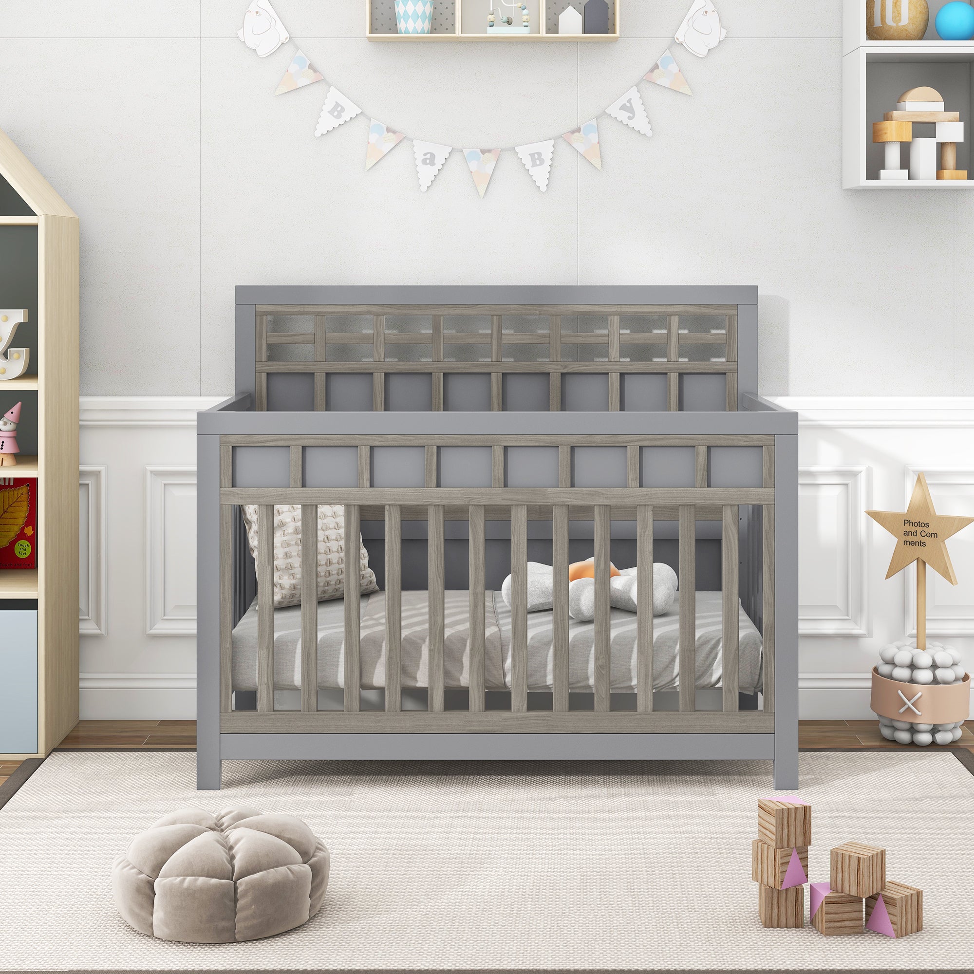 Certified Baby Safe Crib, Pine Solid Wood, Non Toxic gray-solid wood+mdf