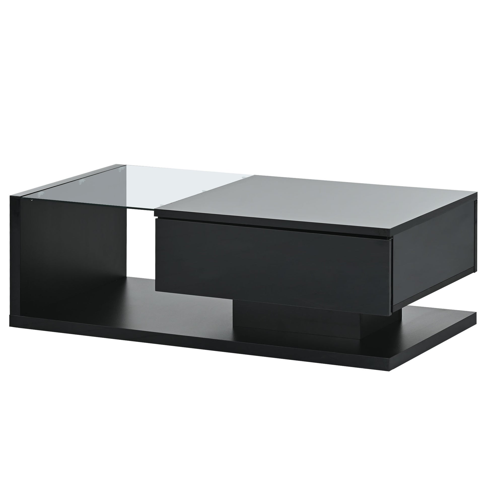 Modern Coffee Table With Tempered Glass, Wooden Cocktail Table With High Gloss Uv Surface, Modernist 2 Tier Rectangle Center Table For Living Room, Black Black Soft Close Drawers Primary Living Space Minimalist Freestanding Rectangular Drawers Coffee &