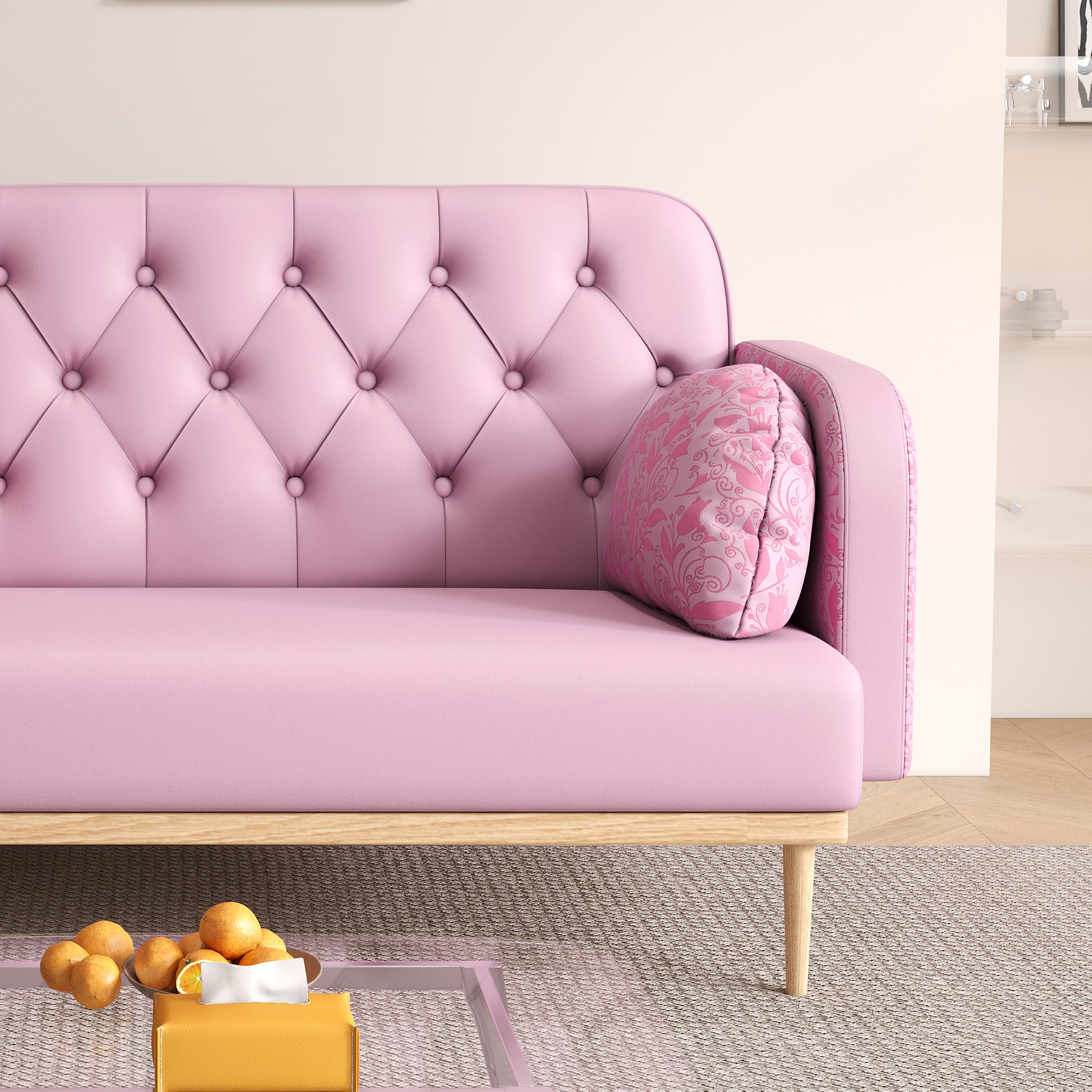 Loveseat Sofa With Tulip Pattern Modern Upholstered Two Seater Pu Sofa With 2 Dumpling Shaped Throw Pillows With Tulip Patterns Light Pink Tech Cloth Solid Wood 2 Seat
