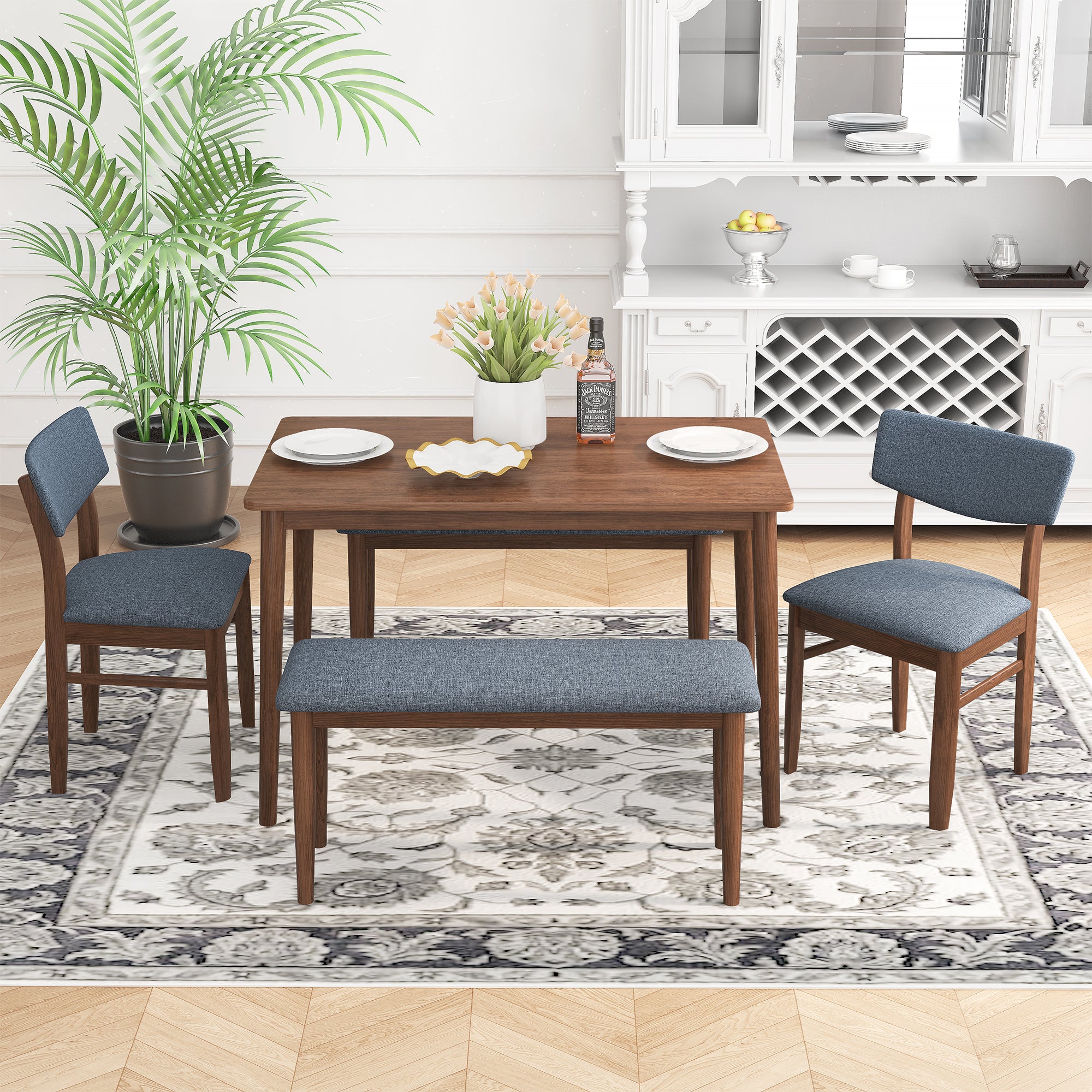 Modern Dining Table Set with 2 Benches and 2 Chairs walnut-rubber wood