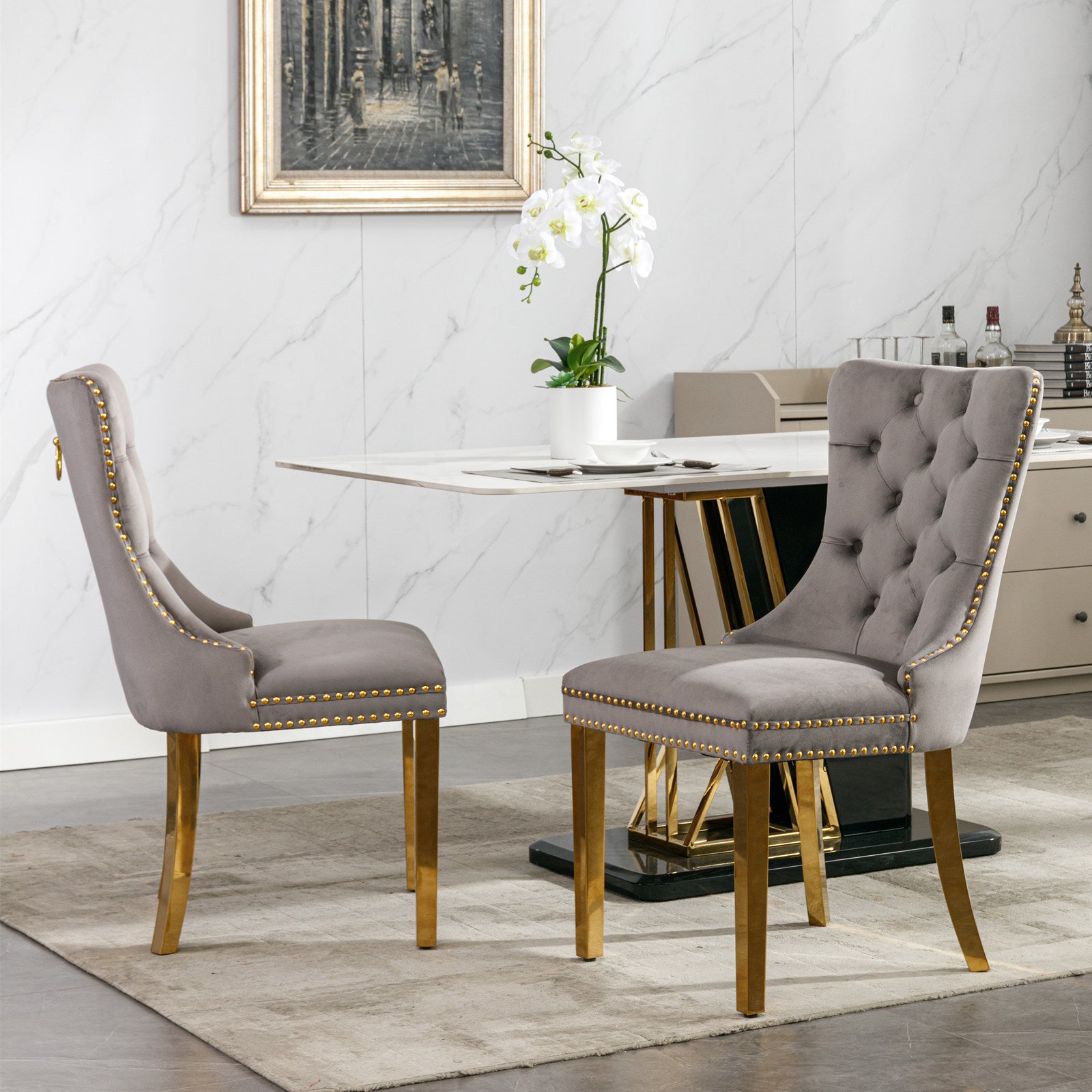 Nikki Collection Modern, High End Tufted Solid Wood Contemporary Velvet Upholstered Dining Chair With Golden Stainless Steel Plating Legs,Nailhead Trim,Set Of 2,Gray And Gold, Sw1601Gy Gray Foam Velvet