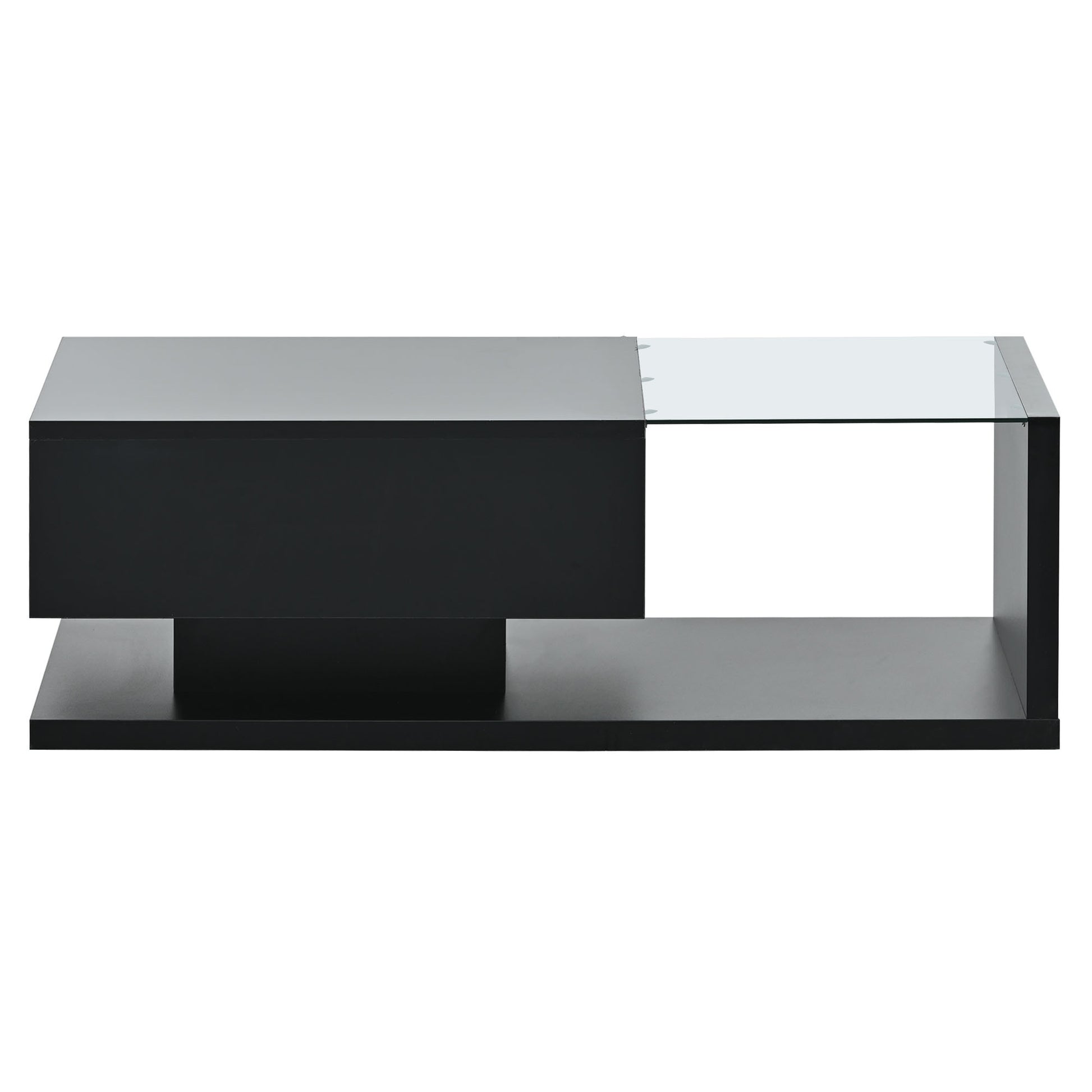 Modern Coffee Table With Tempered Glass, Wooden Cocktail Table With High Gloss Uv Surface, Modernist 2 Tier Rectangle Center Table For Living Room, Black Black Soft Close Drawers Primary Living Space Minimalist Freestanding Rectangular Drawers Coffee &