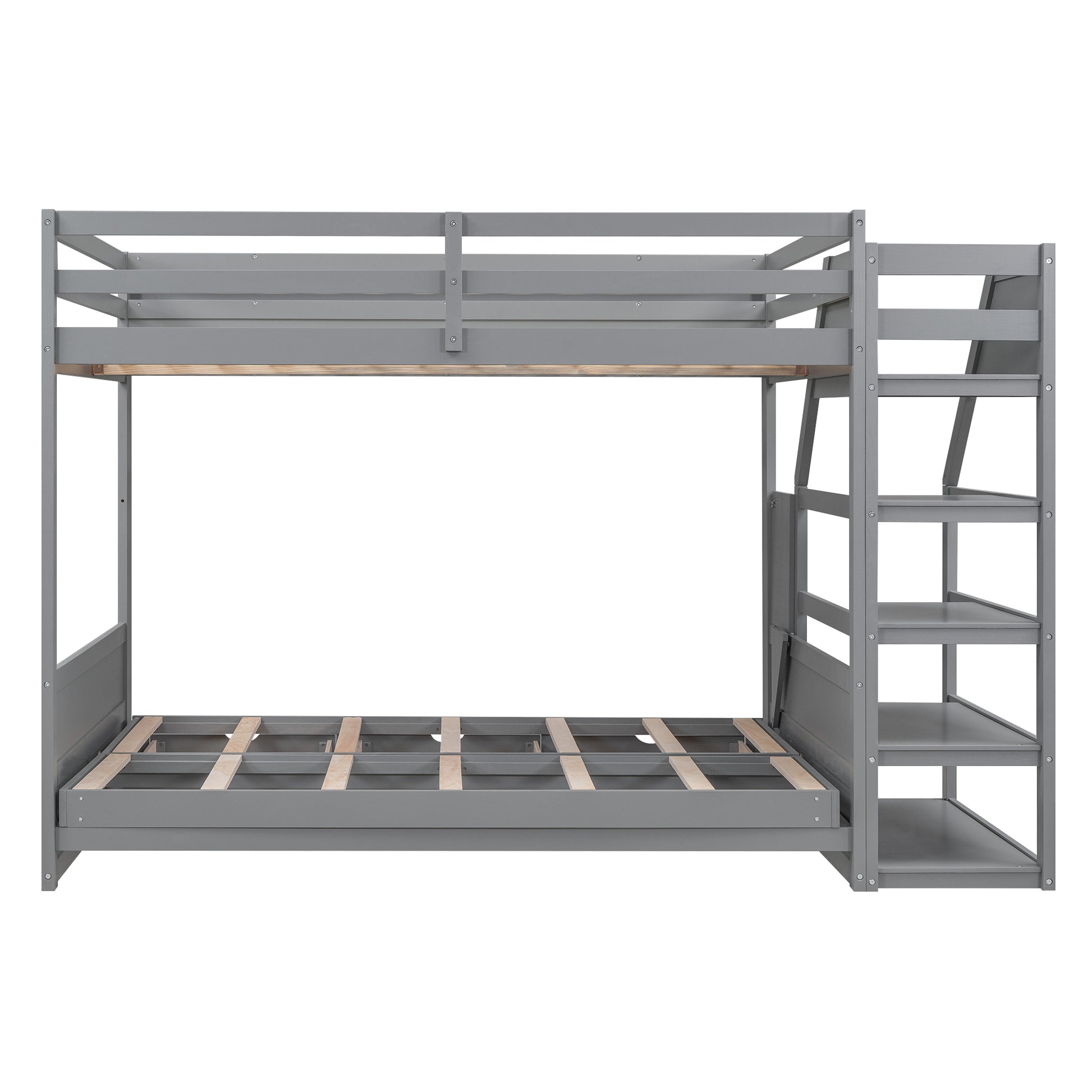 Wood Full Size Convertible Bunk Bed With Storage Staircase, Bedside Table, And 3 Drawers, Gray Gray Solid Wood Mdf