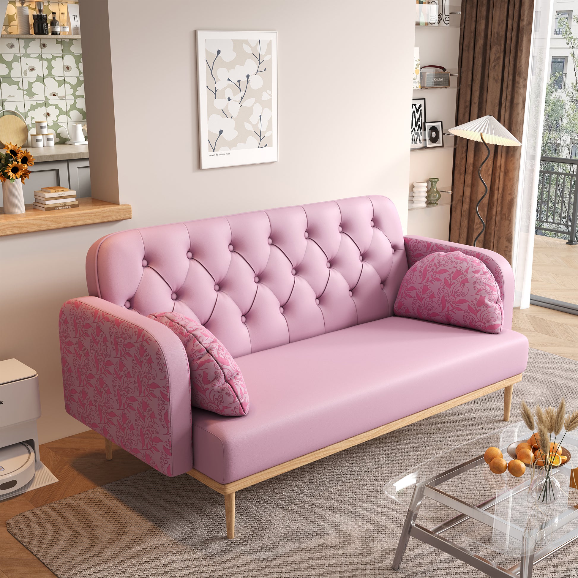 Loveseat Sofa With Tulip Pattern Modern Upholstered Two Seater Pu Sofa With 2 Dumpling Shaped Throw Pillows With Tulip Patterns Light Pink Tech Cloth Solid Wood 2 Seat