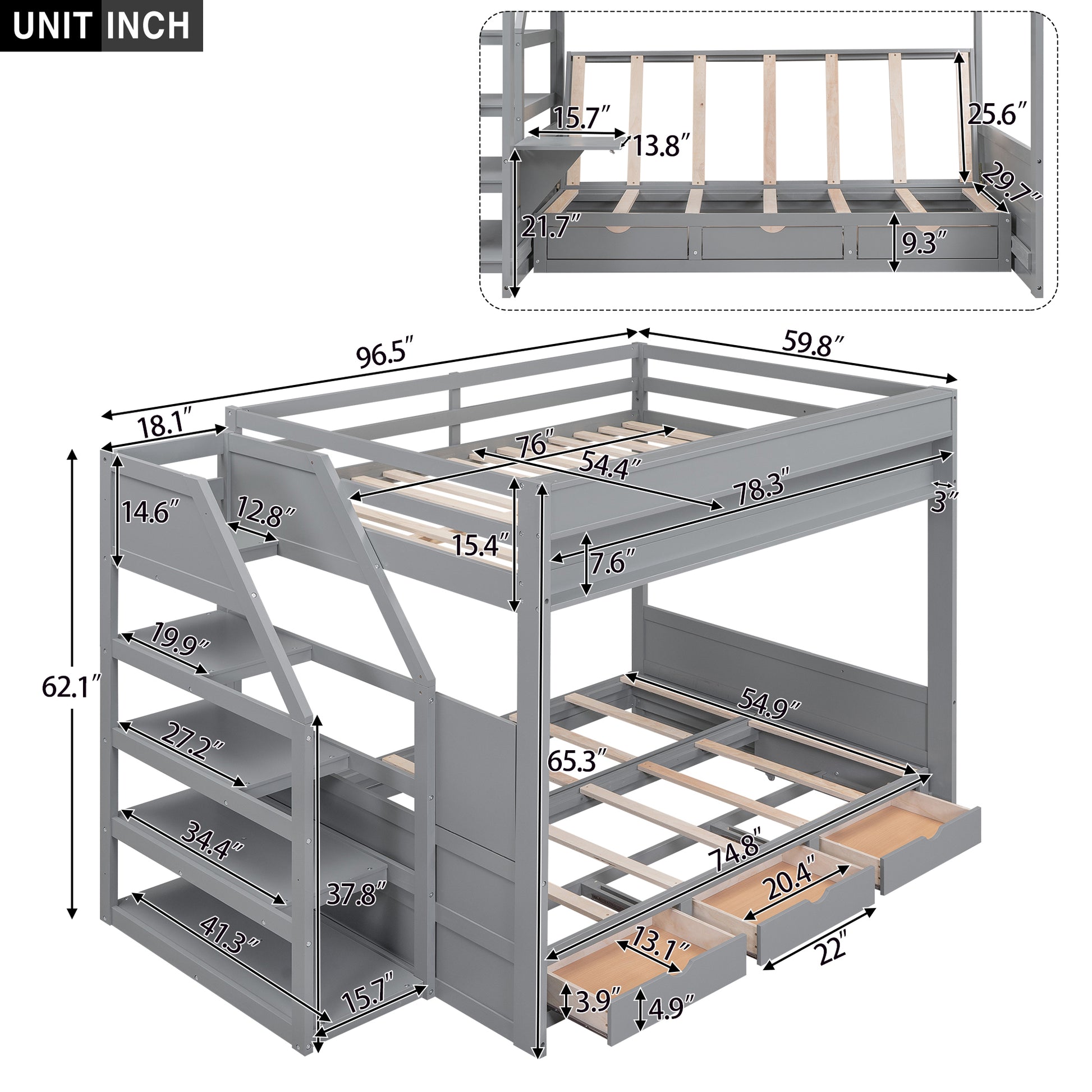 Wood Full Size Convertible Bunk Bed With Storage Staircase, Bedside Table, And 3 Drawers, Gray Gray Solid Wood Mdf