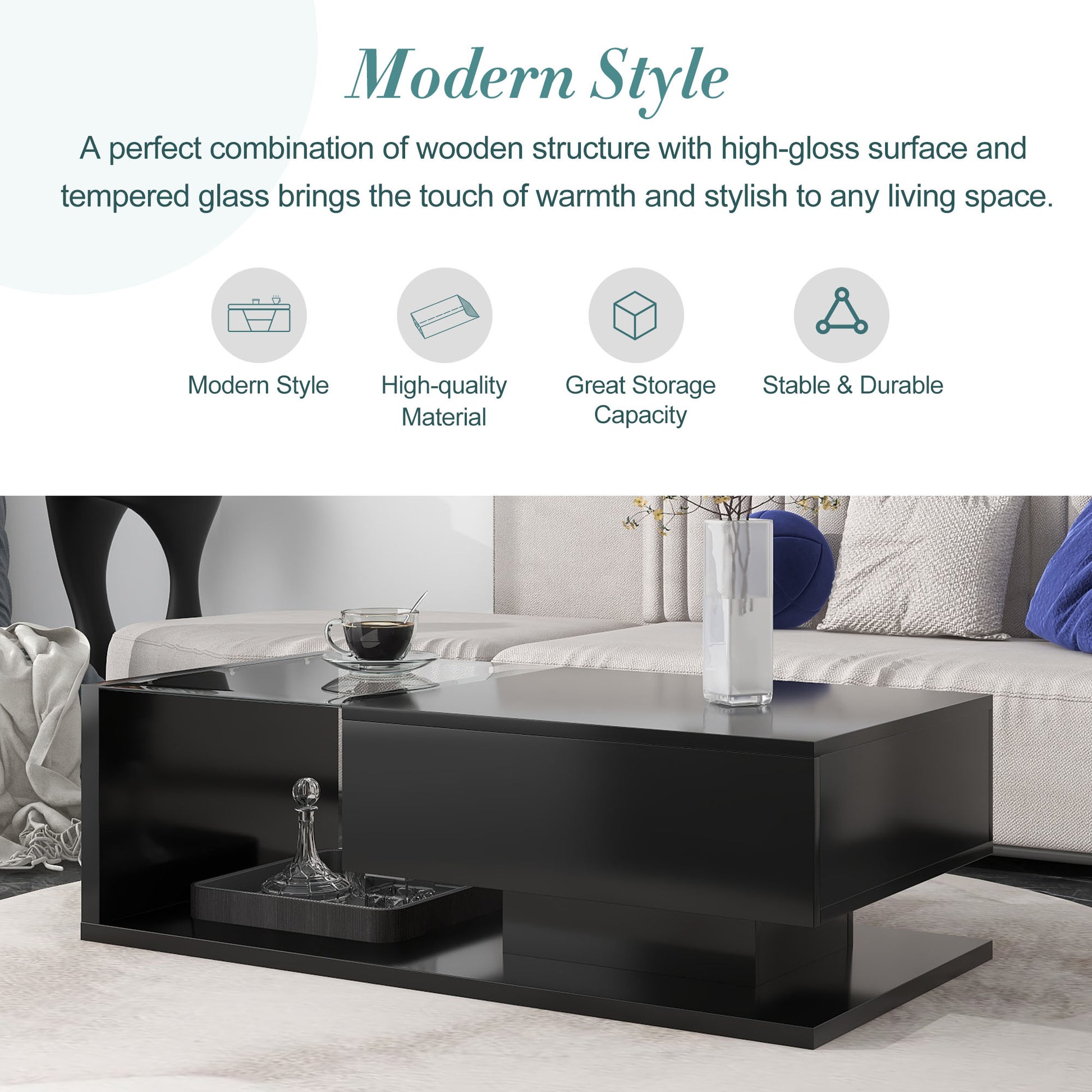 Modern Coffee Table With Tempered Glass, Wooden Cocktail Table With High Gloss Uv Surface, Modernist 2 Tier Rectangle Center Table For Living Room, Black Black Soft Close Drawers Primary Living Space Minimalist Freestanding Rectangular Drawers Coffee &