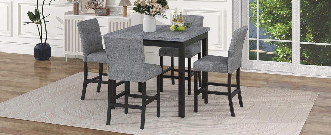 5 Piece Counter Height Dining Set Wood Square Dining Room Table And Chairs Stools W Footrest & 4 Upholstered High Back Chairs,Black Gray Wood Dining Room Solid Wood Rubberwood Square Dining Table With Chair Upholstered Chair Wood Black Queen Anne Seats 4