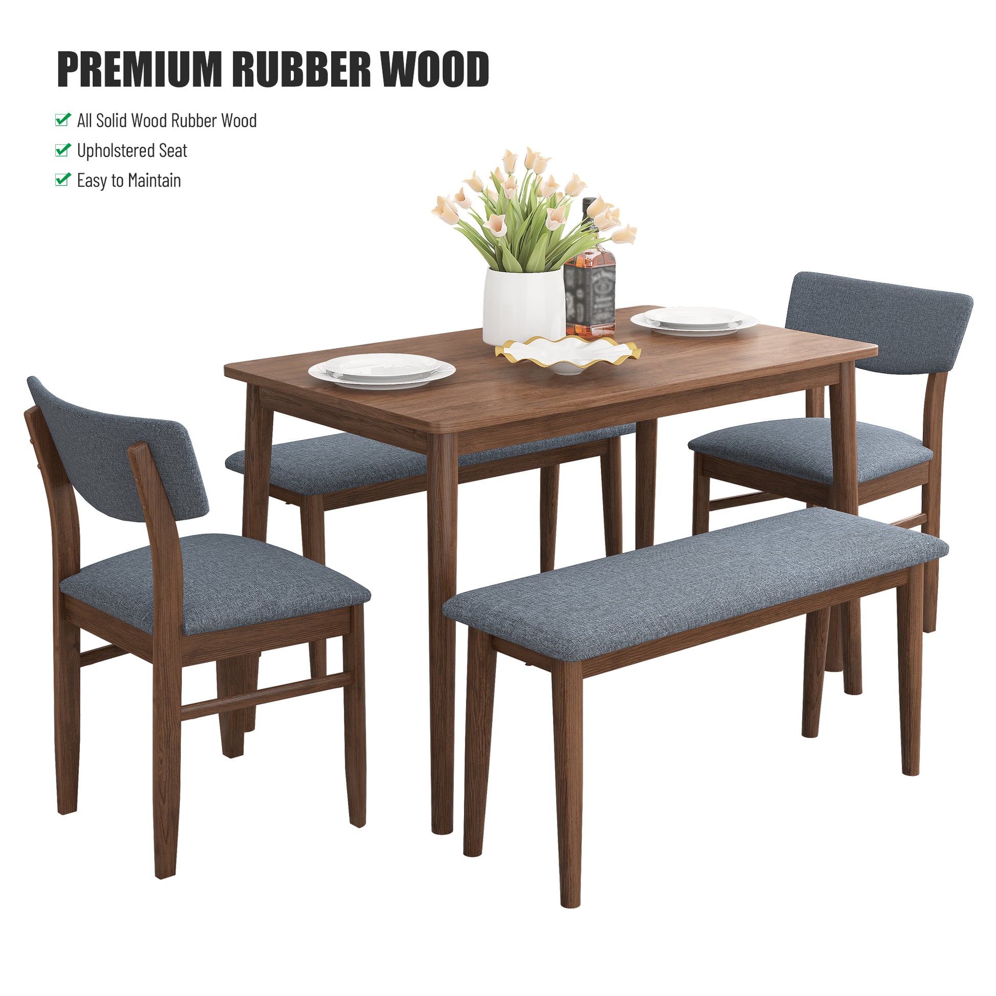 Modern Dining Table Set With 2 Benches And 2 Chairs Fabric Cushion For 6 All Rubber Wood Kitchen Dining Table For Dining Room Small Space Grey Walnut Rubber Wood