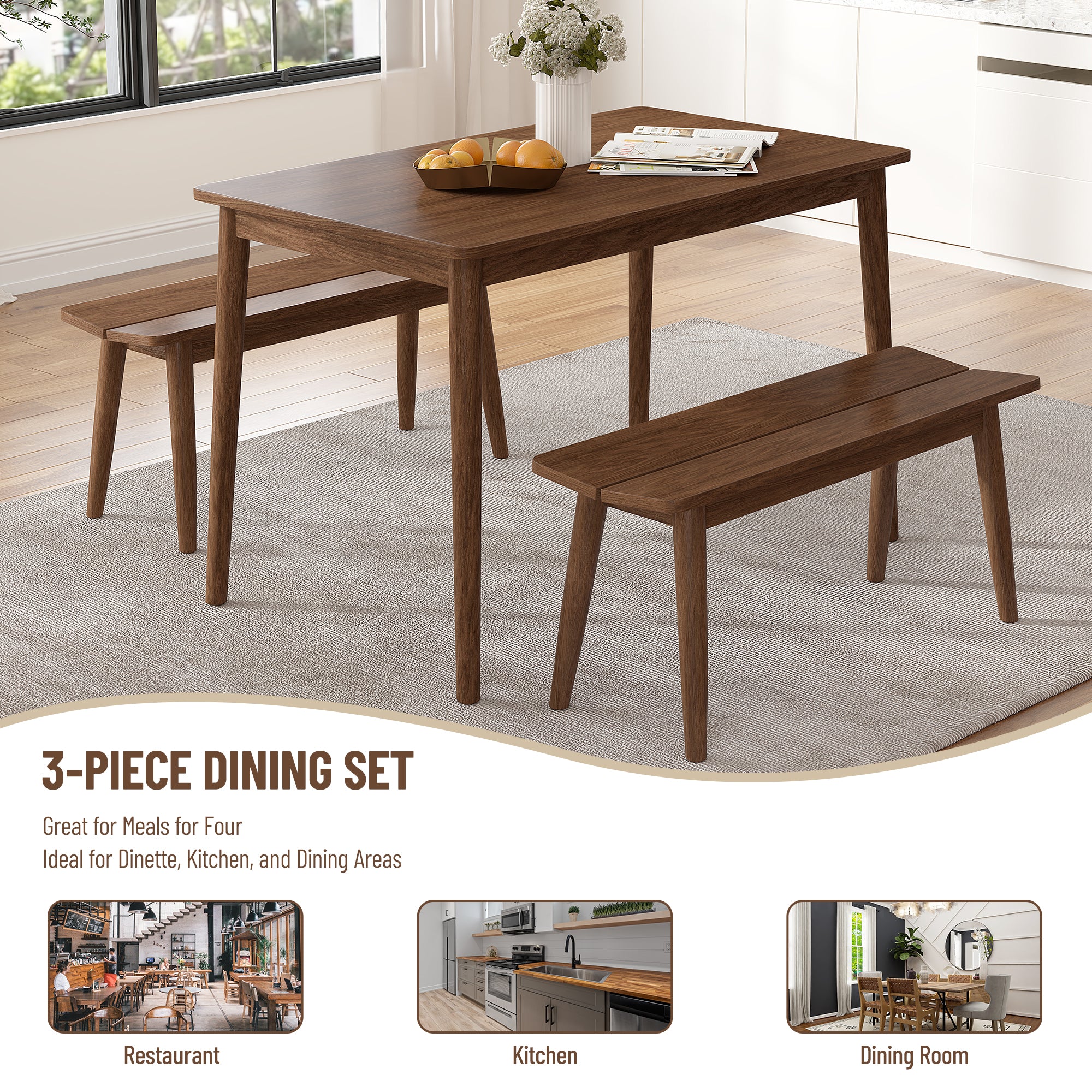 3 Pcs Wooden Dining Table Set Kitchen Furniture