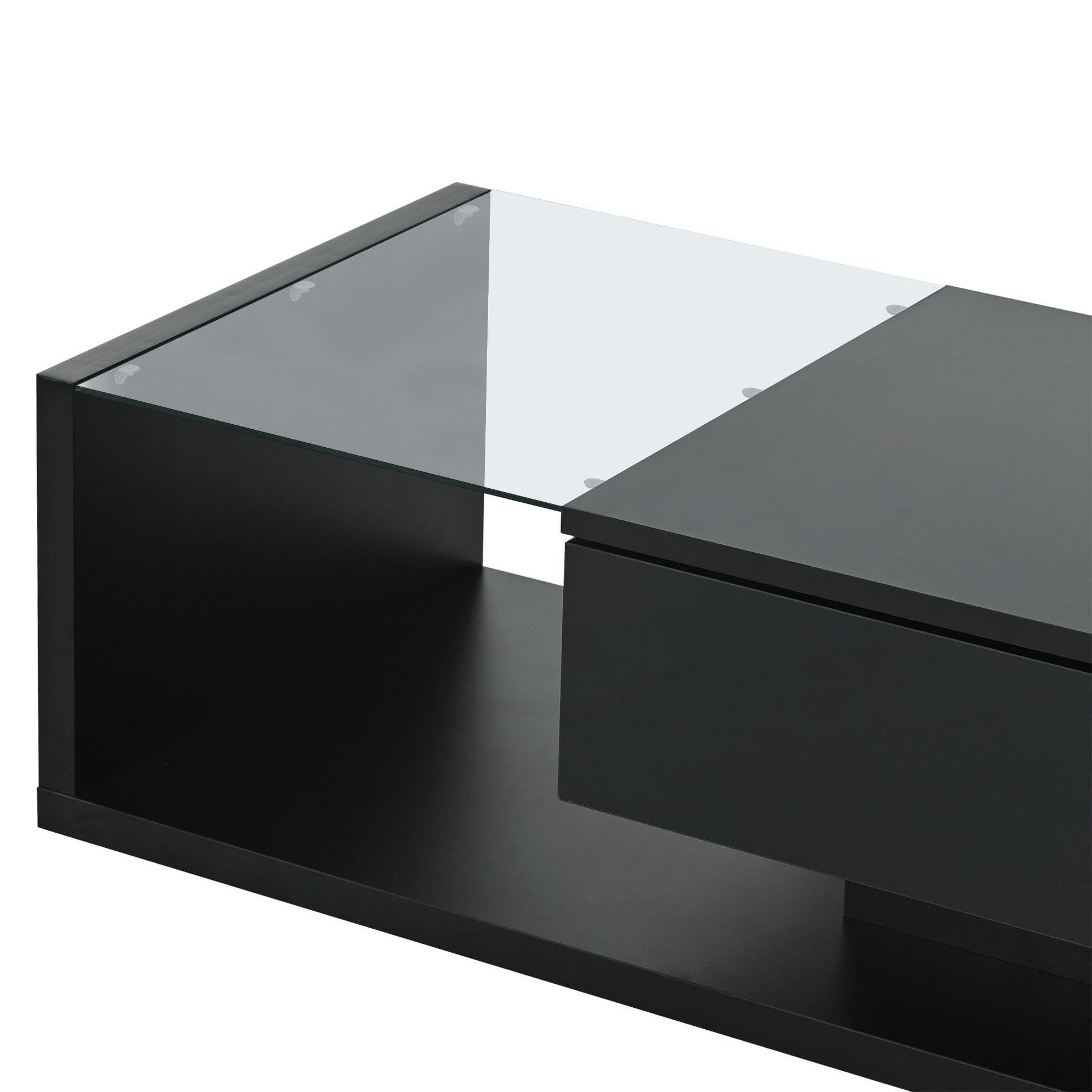 Modern Coffee Table With Tempered Glass, Wooden Cocktail Table With High Gloss Uv Surface, Modernist 2 Tier Rectangle Center Table For Living Room, Black Black Soft Close Drawers Primary Living Space Minimalist Freestanding Rectangular Drawers Coffee &