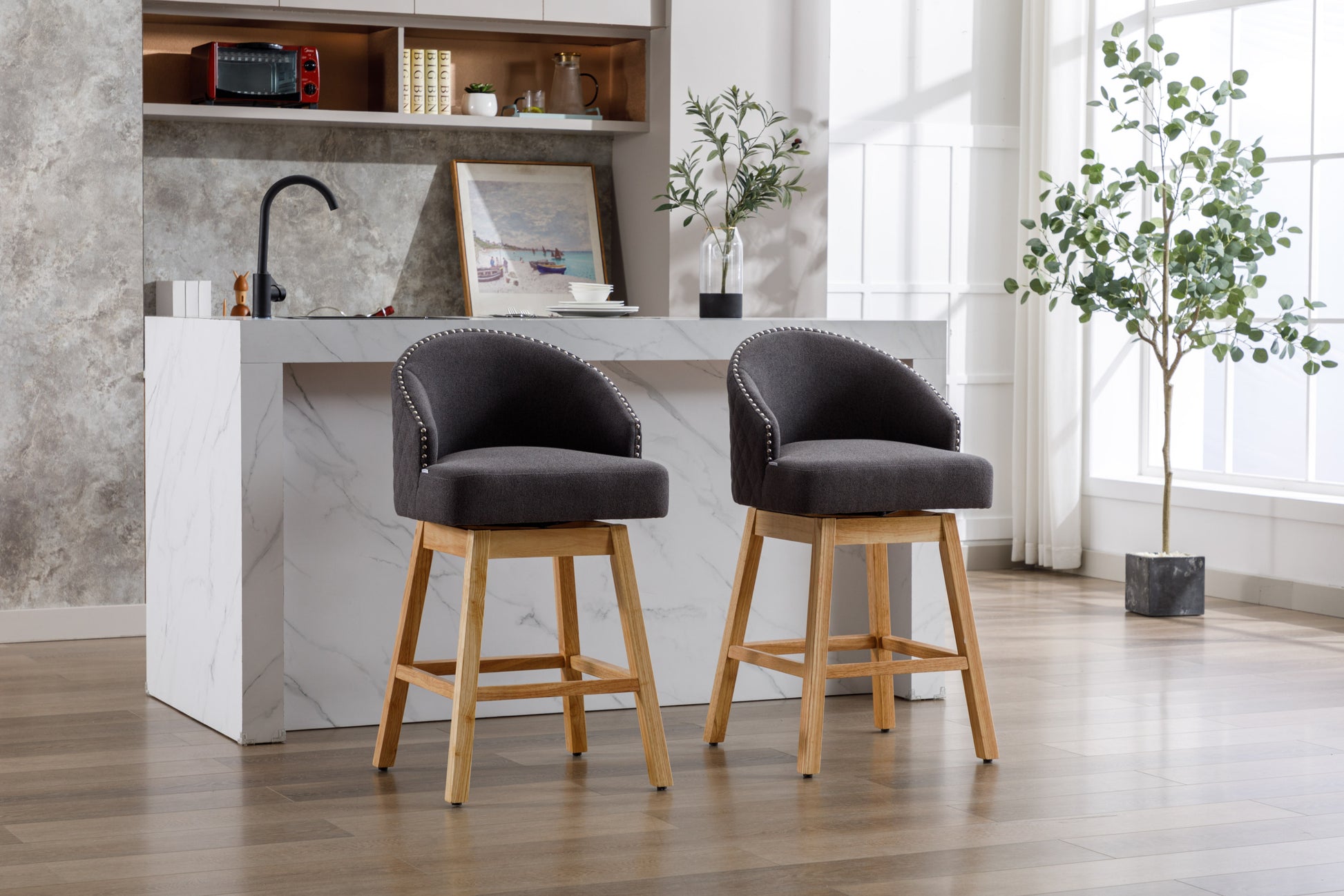 Coolmore Bar Stools Set Of 2 Counter Height Chairs With Footrest For Kitchen, Dining Room And 360 Degree Swivel Charcoal Grey Linen