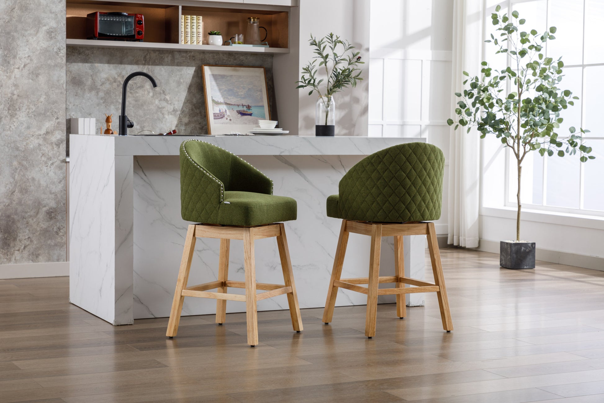 Coolmore Bar Stools Set Of 2 Counter Height Chairs With Footrest For Kitchen, Dining Room And 360 Degree Swivel Olive Green Linen