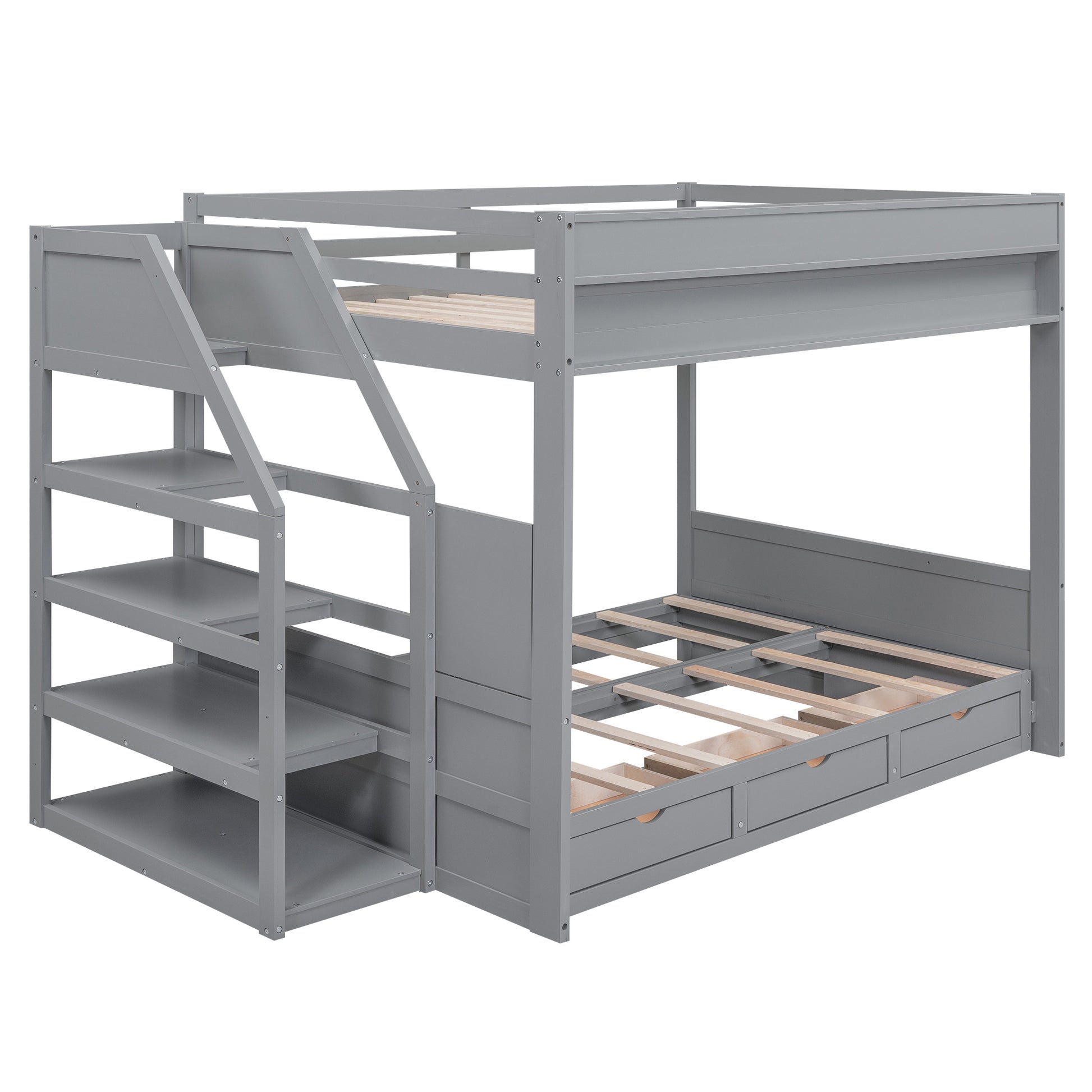 Wood Full Size Convertible Bunk Bed With Storage Staircase, Bedside Table, And 3 Drawers, Gray Gray Solid Wood Mdf