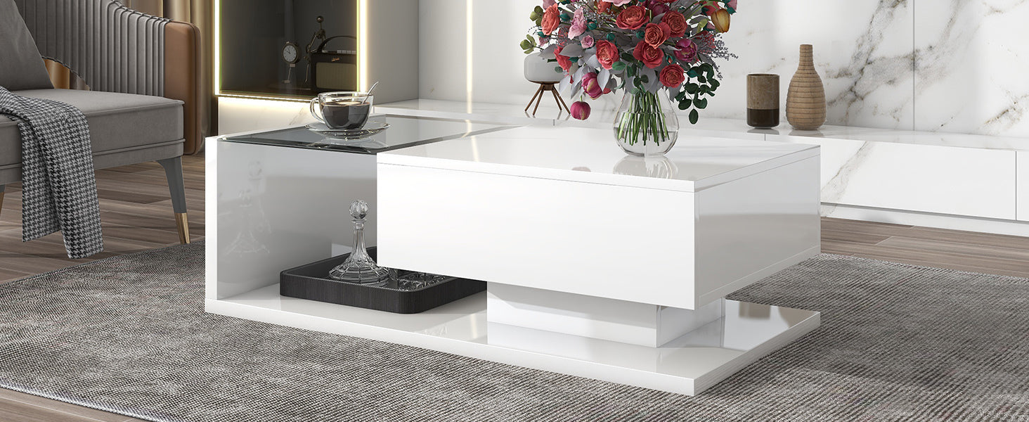 ON TREND Modern Coffee Table with Tempered Glass white-soft close drawers-primary living
