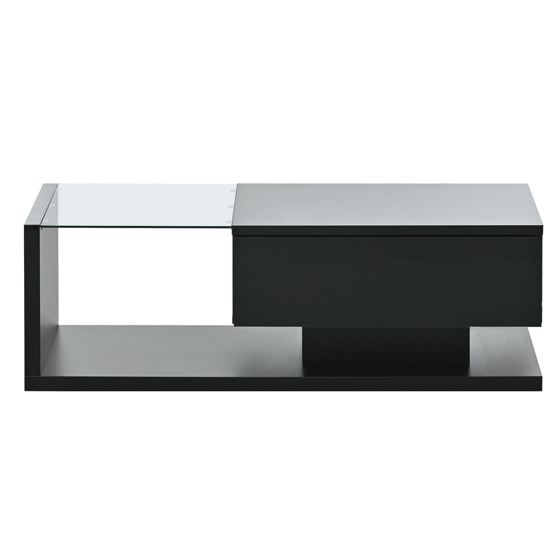 Modern Coffee Table With Tempered Glass, Wooden Cocktail Table With High Gloss Uv Surface, Modernist 2 Tier Rectangle Center Table For Living Room, Black Black Soft Close Drawers Primary Living Space Minimalist Freestanding Rectangular Drawers Coffee &