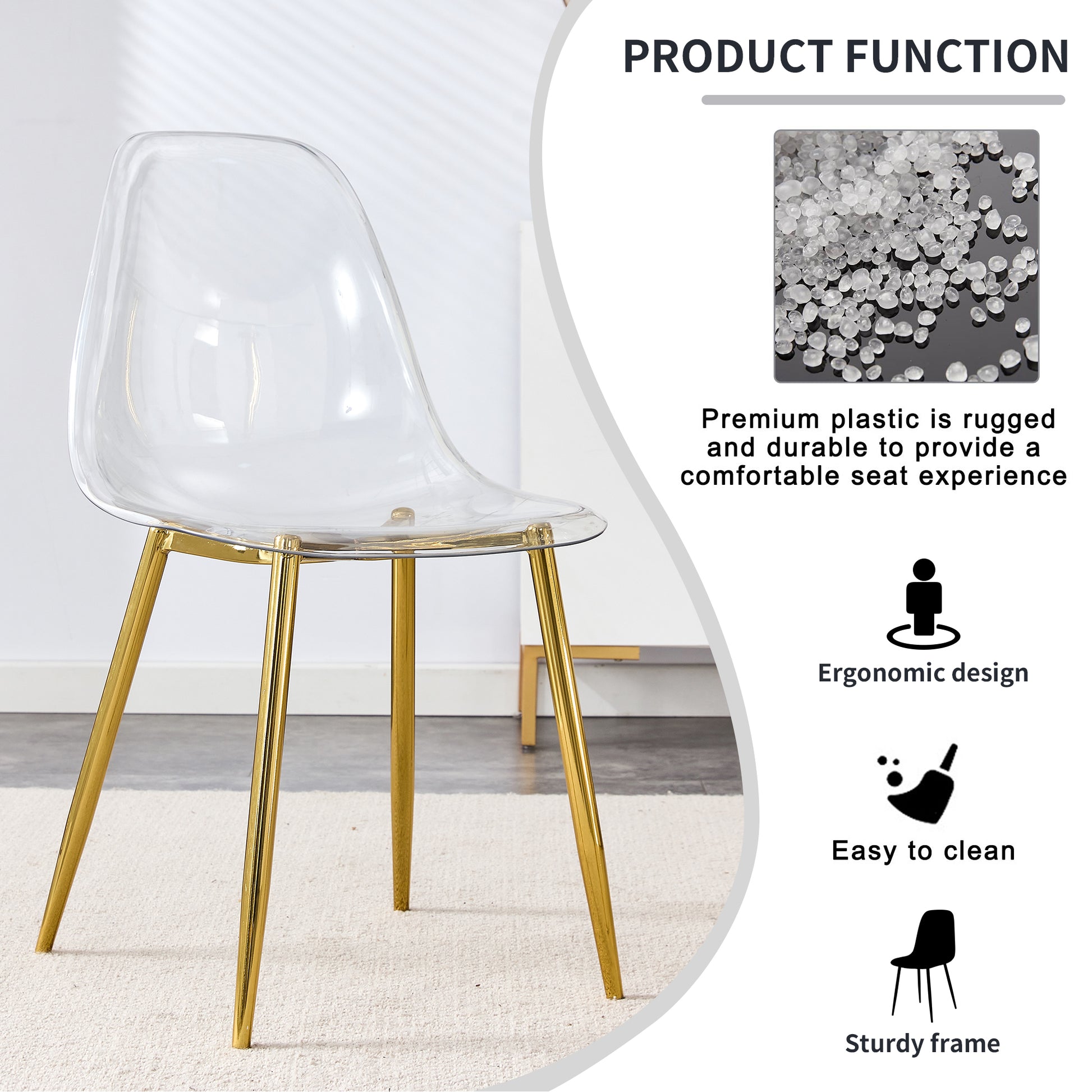 Modern Minimalist Transparent Dining Chair, Plastic Chair, Armless Crystal Chair, Nordic Creative Makeup Stool, Negotiation Chair, 6 Piece Set Of Gold Plated Metal Legs, Tw 1200 Golden Metal