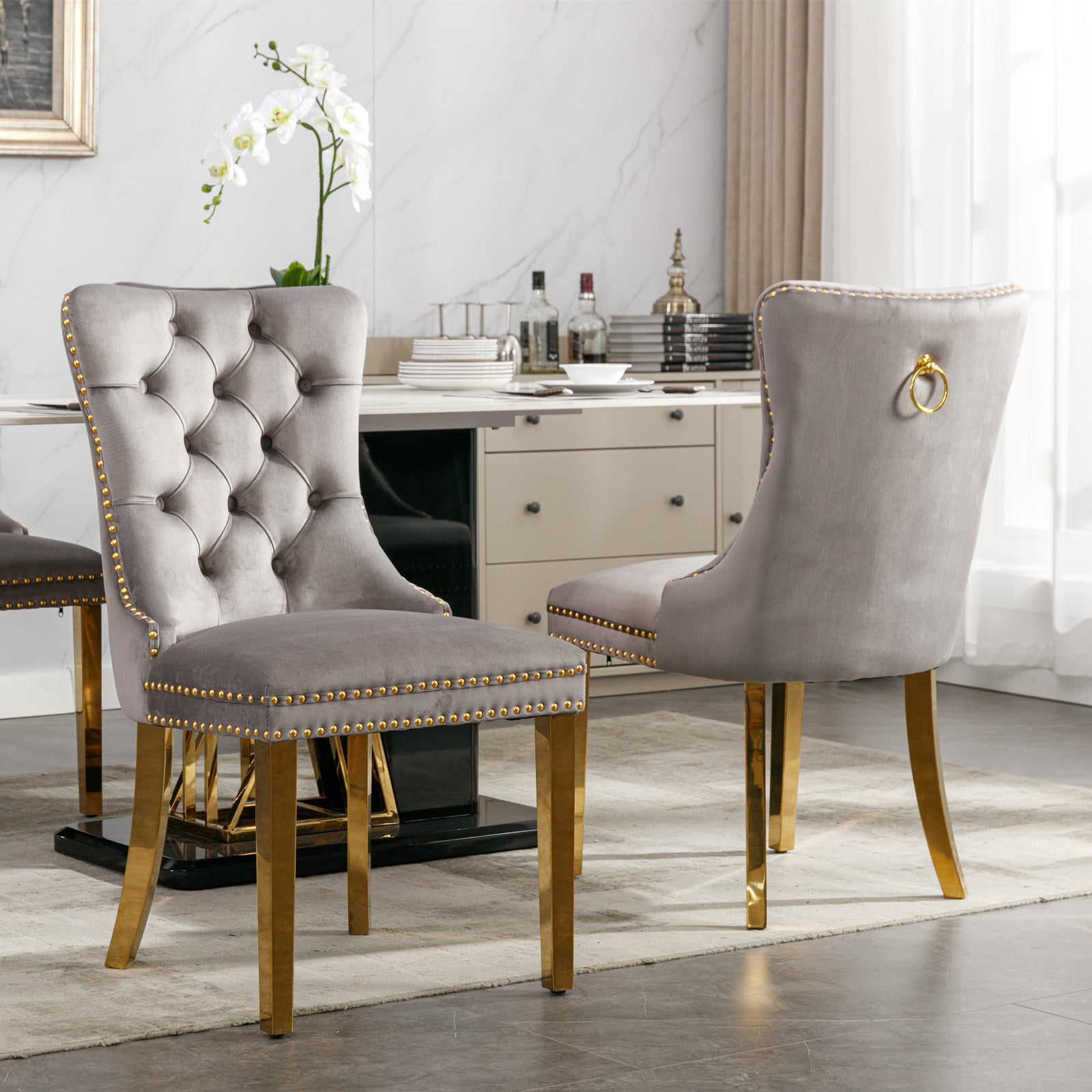 Nikki Collection Modern, High End Tufted Solid Wood Contemporary Velvet Upholstered Dining Chair With Golden Stainless Steel Plating Legs,Nailhead Trim,Set Of 2,Gray And Gold, Sw1601Gy Gray Foam Velvet