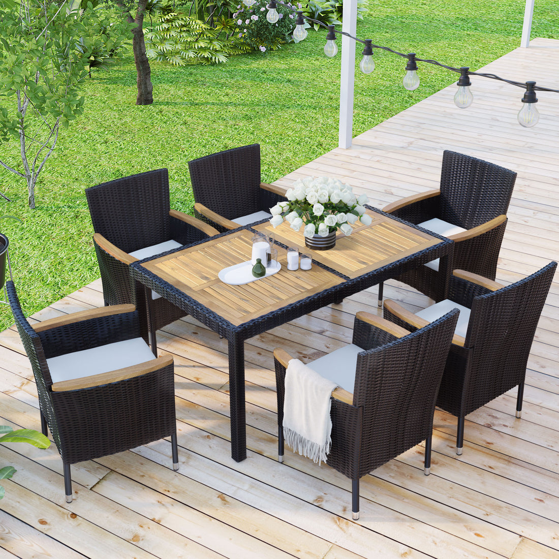 7 Piece Outdoor Patio Dining Set, Garden Pe Rattan Wicker Dining Table And Chairs Set, Acacia Wood Tabletop, Stackable Armrest Chairs With Cushions, Brown Yes Dining Set Brown Garden & Outdoor Multiple Chairs Seating Group Wicker Wicker