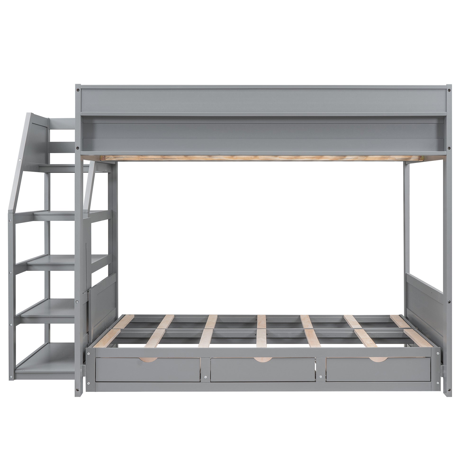 Wood Full Size Convertible Bunk Bed With Storage Staircase, Bedside Table, And 3 Drawers, Gray Gray Solid Wood Mdf