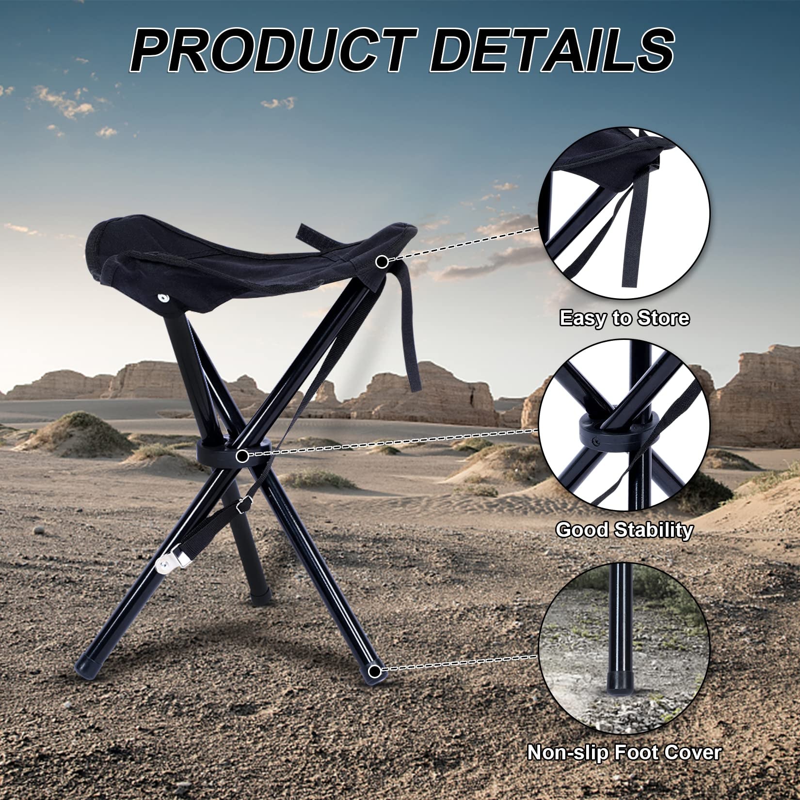 Yssoa Folding Tripod Camping Stool Tri Leg Slacker Chair Super Compact For Outdoor Backpacking Fishing Picnic Travel Beach Bbq Color: Black Black Metal