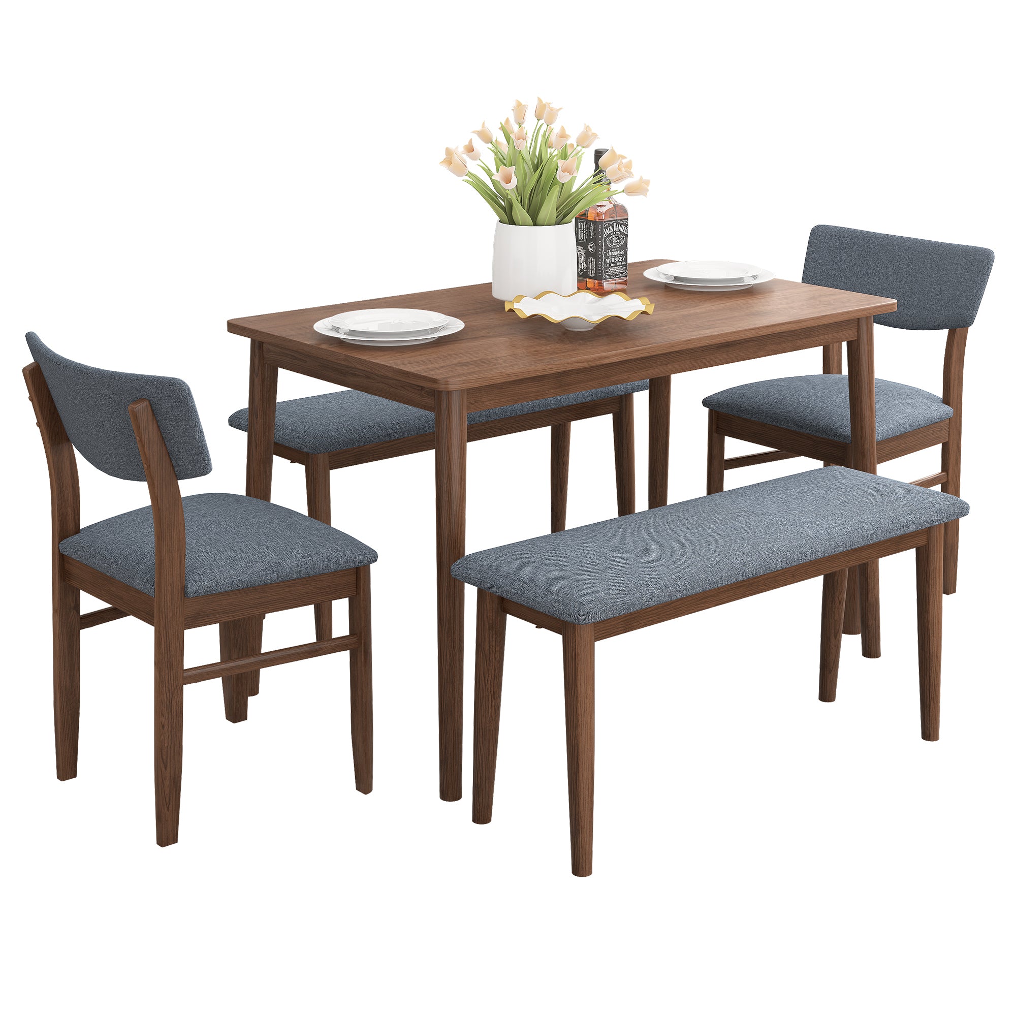 Modern Dining Table Set with 2 Benches and 2 Chairs walnut-rubber wood