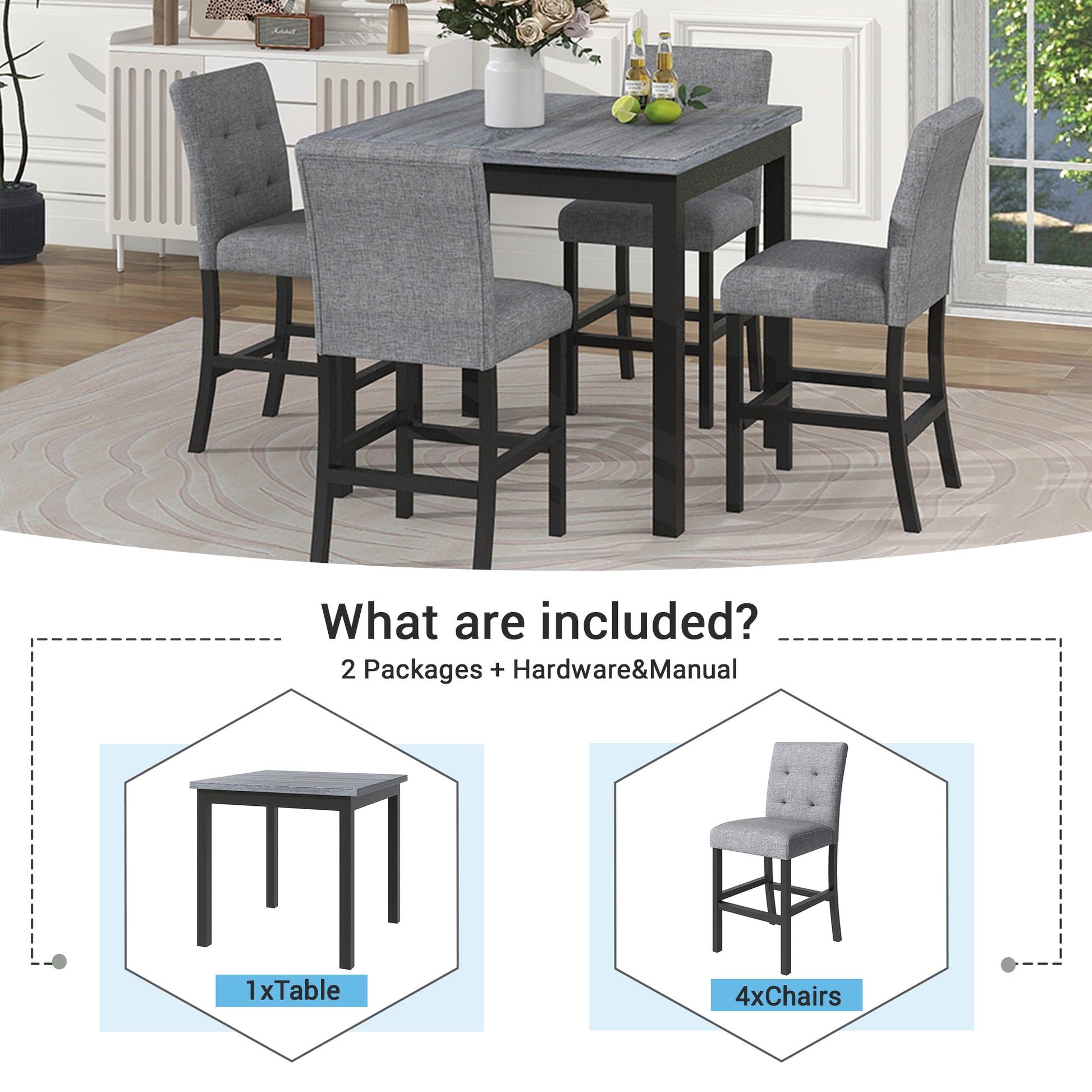 5 Piece Counter Height Dining Set Wood Square Dining Room Table And Chairs Stools W Footrest & 4 Upholstered High Back Chairs,Black Gray Wood Dining Room Solid Wood Rubberwood Square Dining Table With Chair Upholstered Chair Wood Black Queen Anne Seats 4