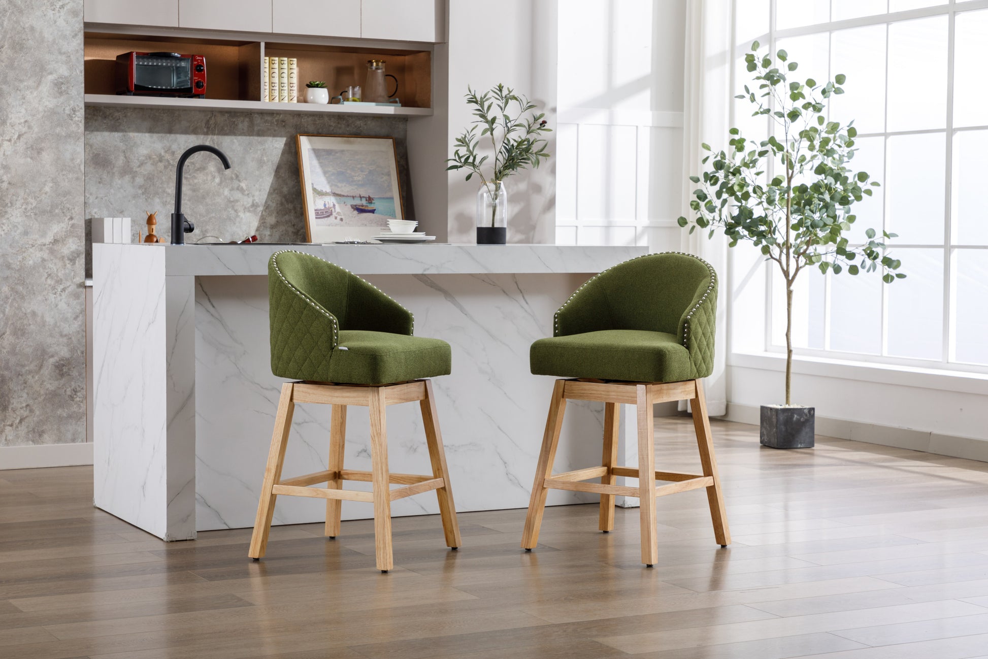 Coolmore Bar Stools Set Of 2 Counter Height Chairs With Footrest For Kitchen, Dining Room And 360 Degree Swivel Olive Green Linen