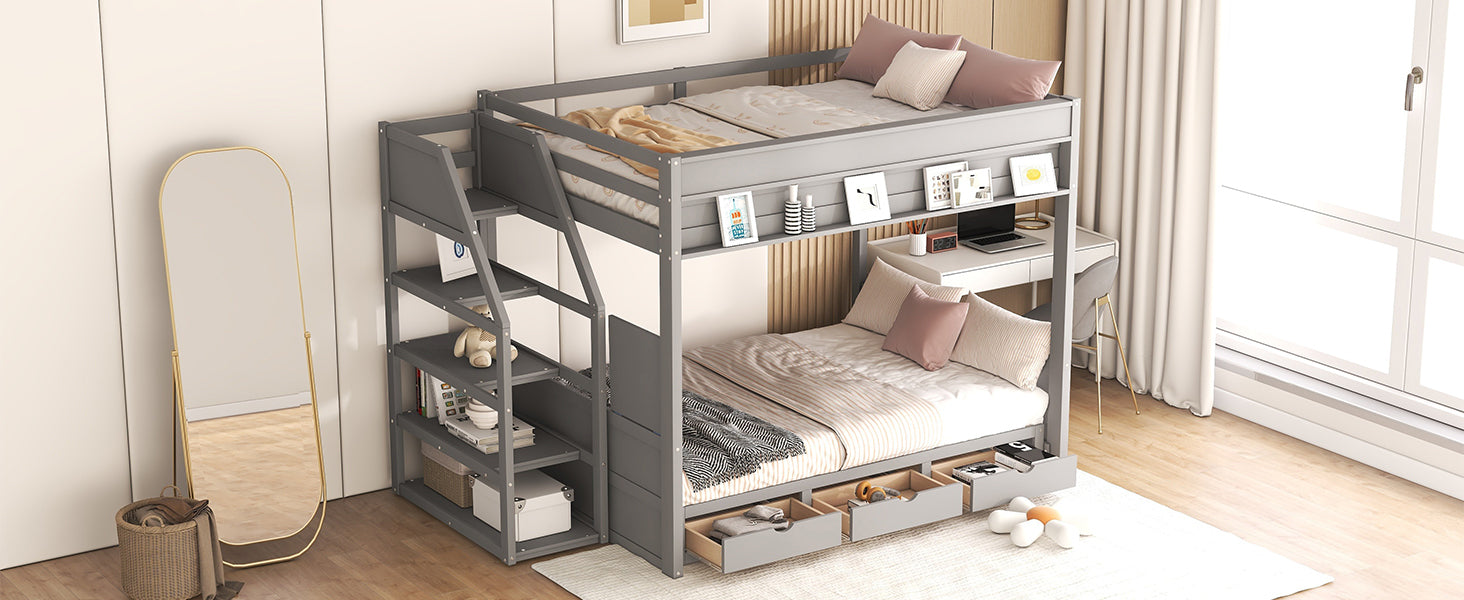 Wood Full Size Convertible Bunk Bed With Storage Staircase, Bedside Table, And 3 Drawers, Gray Gray Solid Wood Mdf