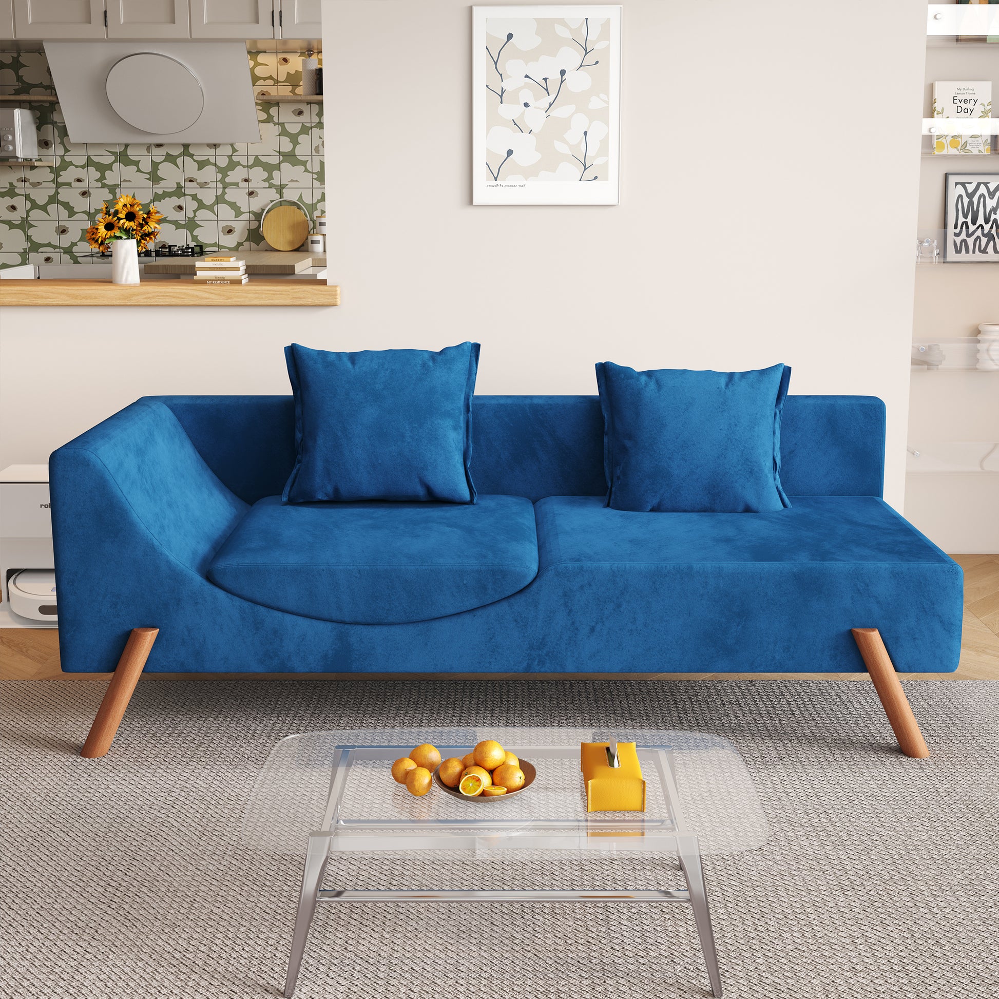 Cut And Fill Chaise Longue, Convertible Multifunctional Seat Sofa Blue Blue Velvet Solid Wood 2 Seat