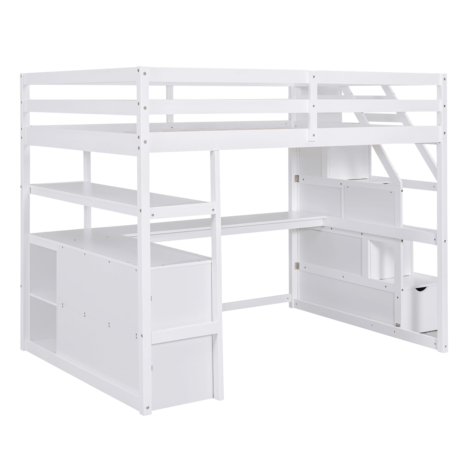 Full Size Loft Bed With Desk And Shelves, Two Built In Drawers, Storage Staircase, White White Pine