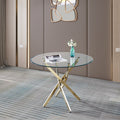 Contemporary Round Clear Dining Tempered Glass Table With Gold Finish Stainless Steel Legs Gold Tempered Glass