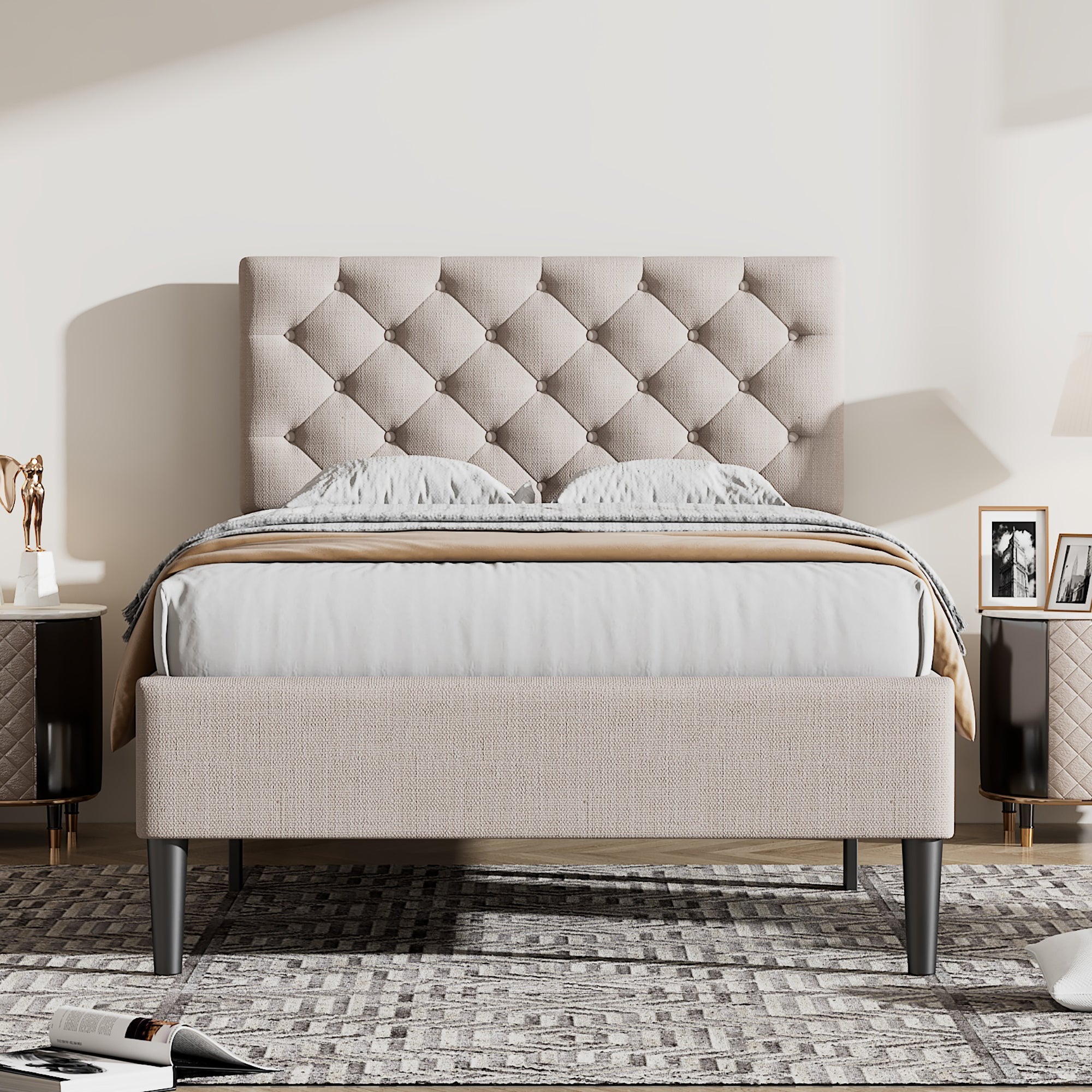 Upholstered Linen Platform Bed, Twin Size, Beige twin-beige-linen