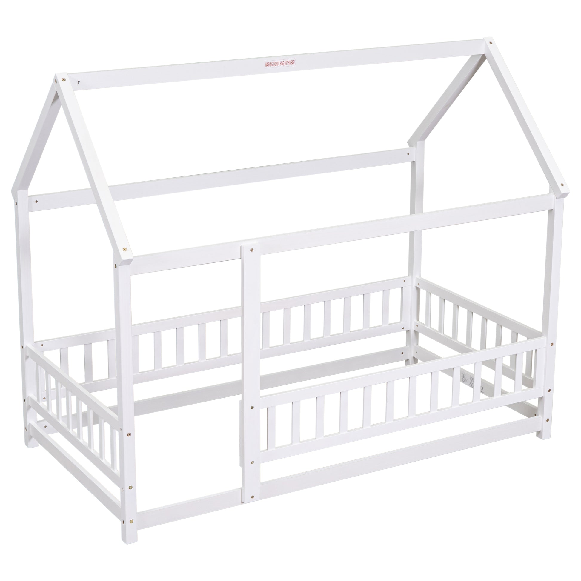 Twin Size Floor Wooden Bed With House Roof Frame, Fence Guardrails,White Old Sku:W1791106615 Twin White Pine