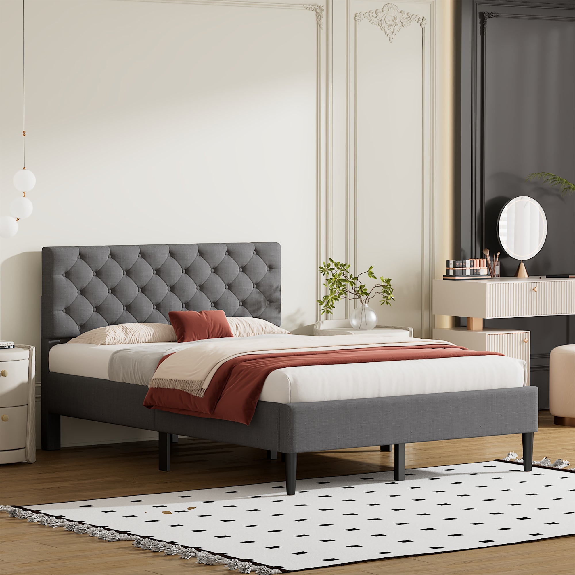 Upholstered Linen Platform Bed, Full Size, Gray gray-linen