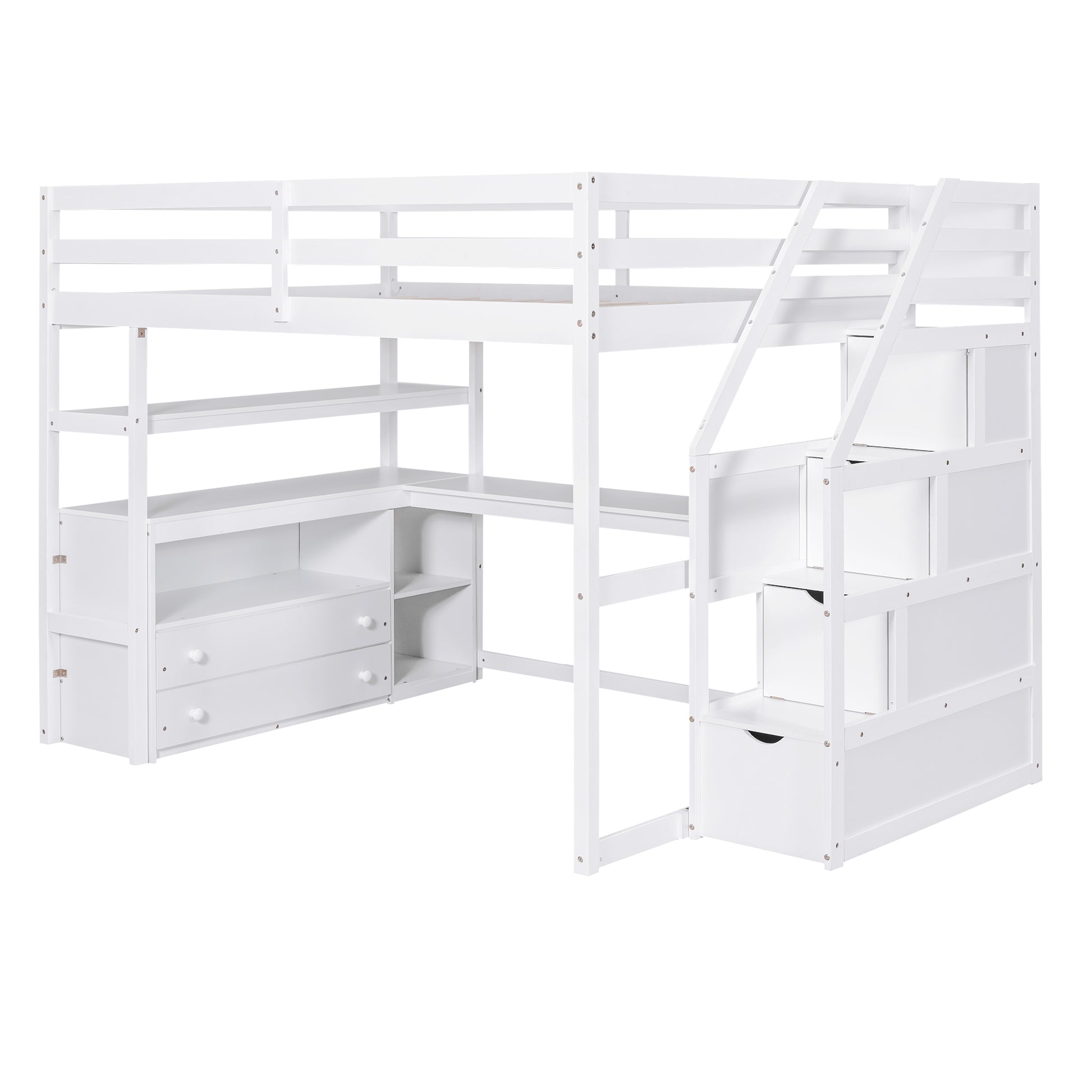 Full Size Loft Bed With Desk And Shelves, Two Built In Drawers, Storage Staircase, White White Pine