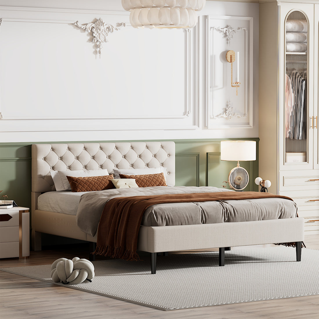 Upholstered Linen Platform Bed, Queen Size, Beige beige-linen