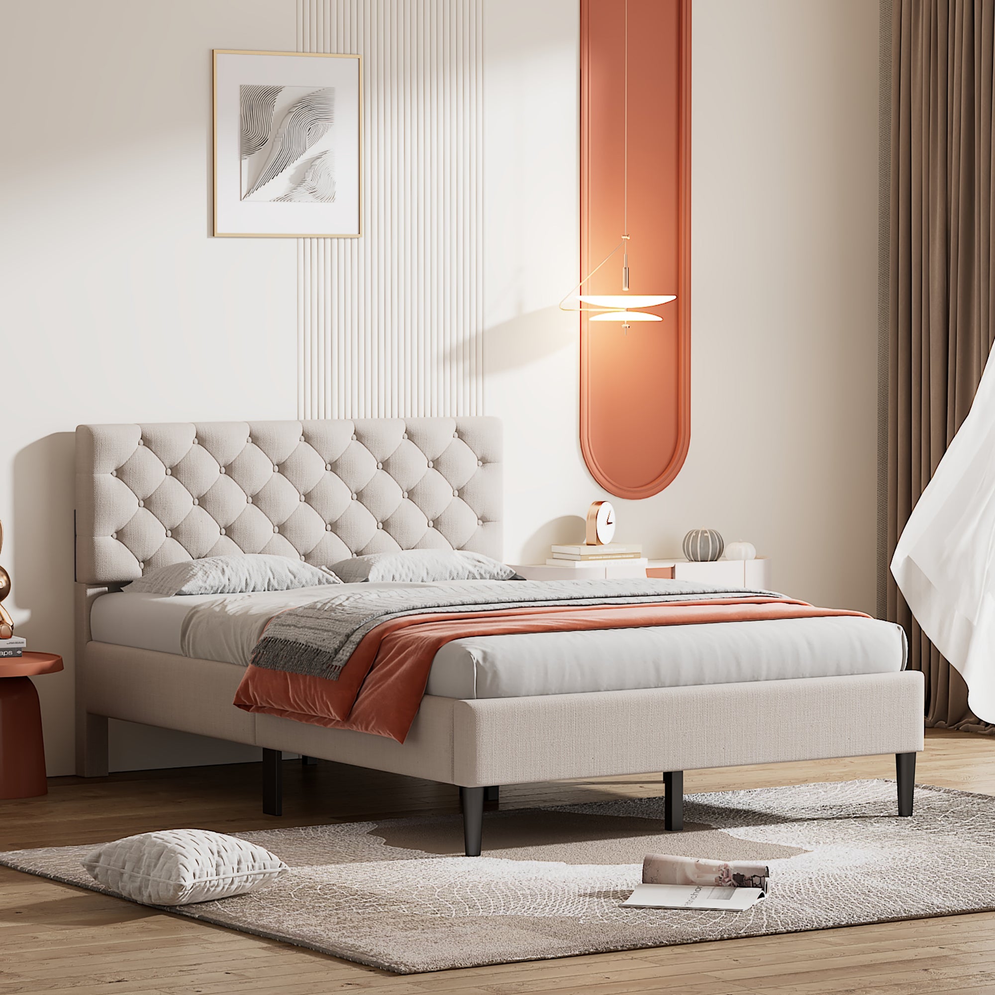 Upholstered Linen Platform Bed, Full Size, Beige beige-linen