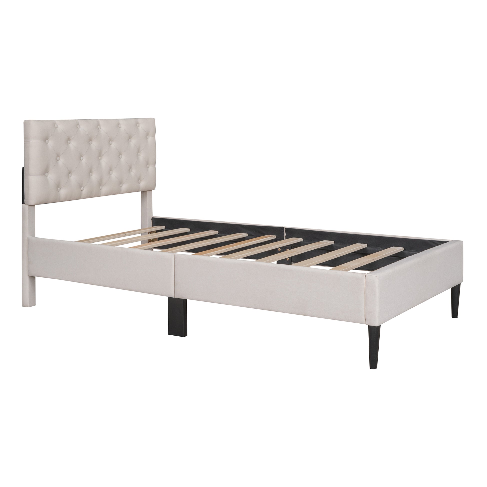 Upholstered Linen Platform Bed, Twin Size, Beige Twin Beige Linen