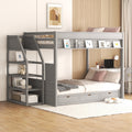 Wood Full Size Convertible Bunk Bed With Storage Staircase, Bedside Table, And 3 Drawers, Gray Gray Solid Wood Mdf