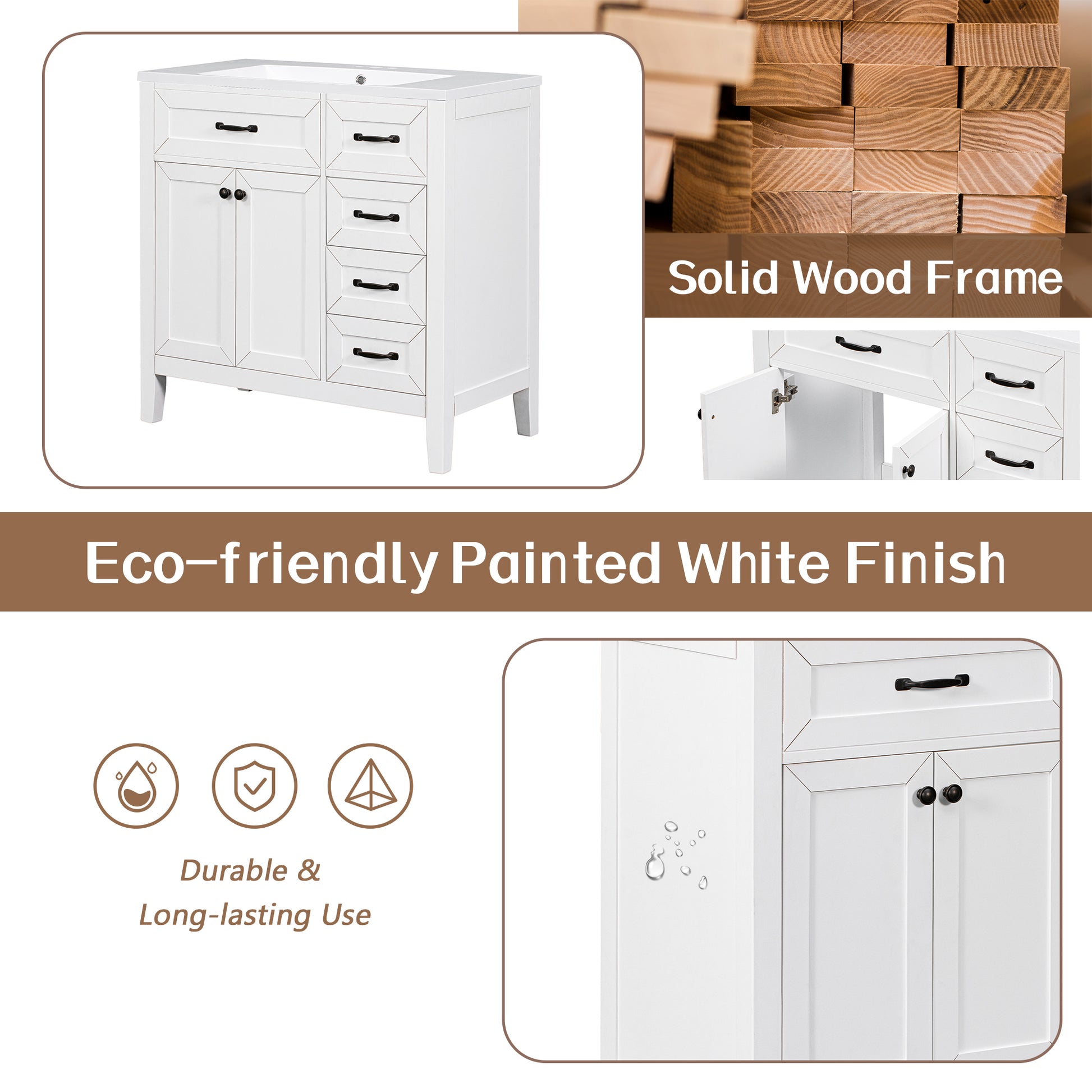 36" Bathroom Vanity With Sink Combo, White Bathroom Cabinet With Drawers, Solid Frame And Mdf Board White Solid Wood Mdf