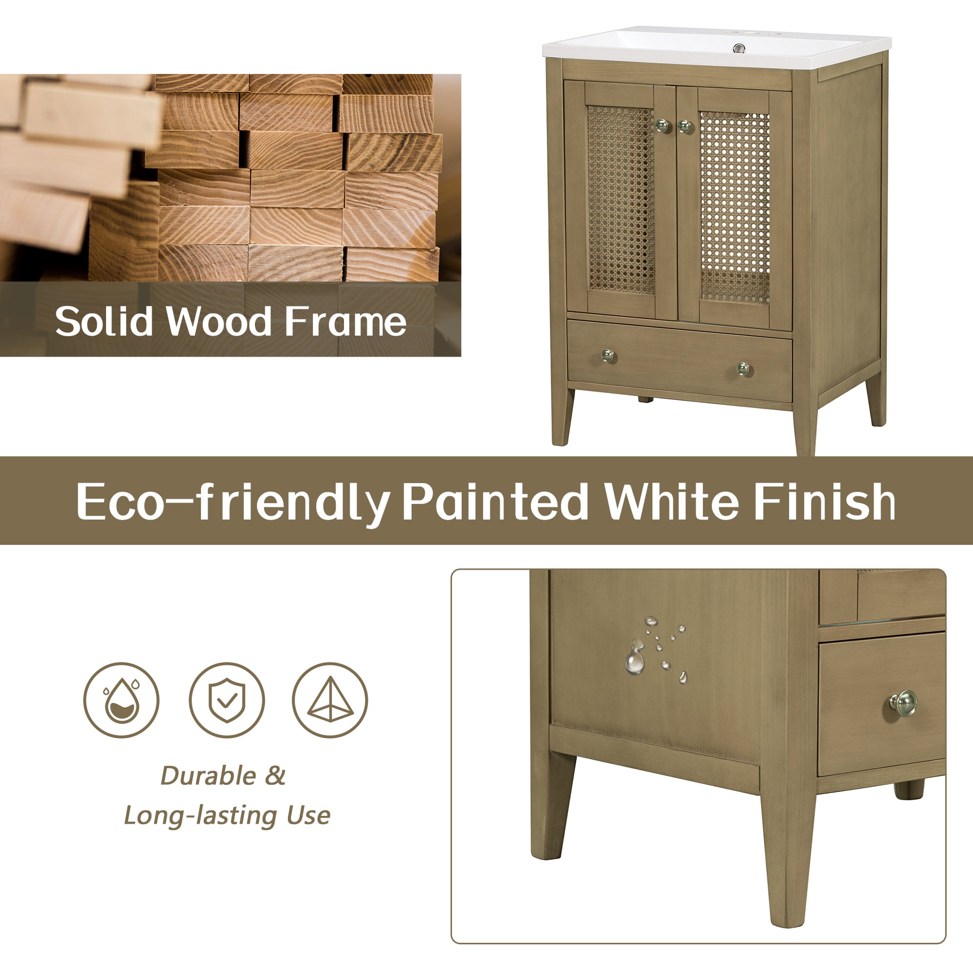 24" Bathroom Vanity Without Sink, Base Only, Rattan Cabinet With Doors And Drawer, Solid Frame And Mdf Board, Natural Natural Solid Wood Mdf