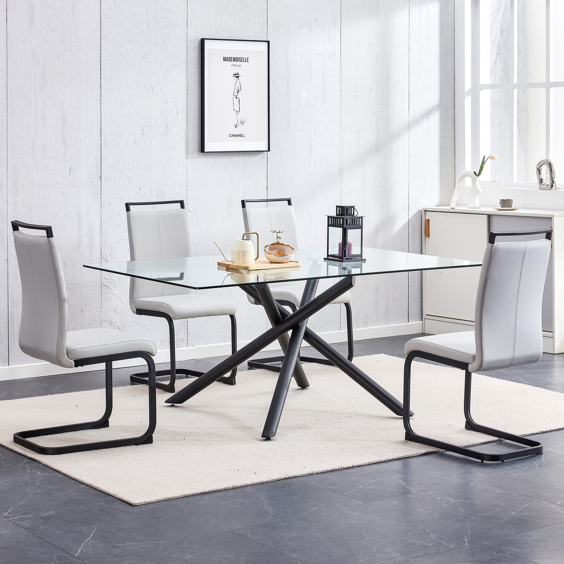 Large Modern Minimalist Rectangular Glass Dining Table black-glass