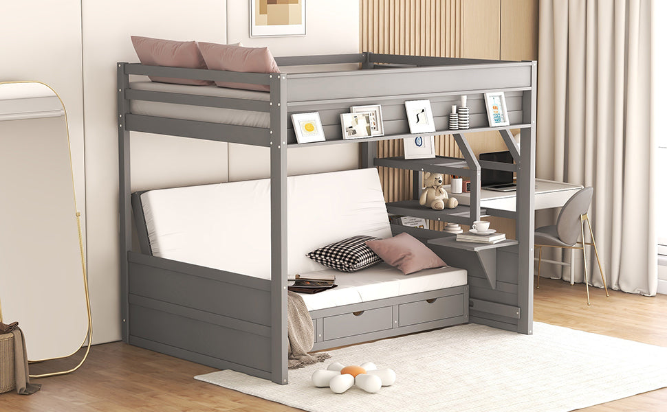 Wood Full Size Convertible Bunk Bed With Storage Staircase, Bedside Table, And 3 Drawers, Gray Gray Solid Wood Mdf