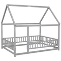 Full Size Floor Wooden Bed With House Roof Frame, Fence Guardrails ,Grey Full Grey Pine