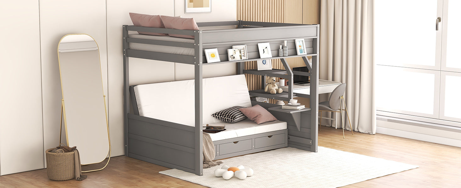 Wood Full Size Convertible Bunk Bed With Storage Staircase, Bedside Table, And 3 Drawers, Gray Gray Solid Wood Mdf