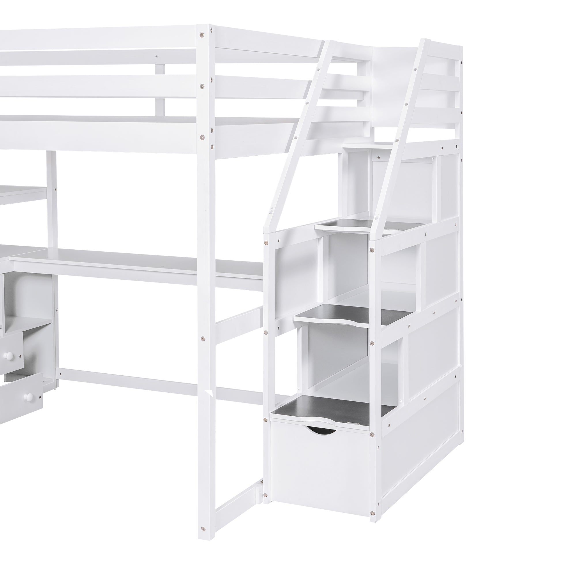 Full Size Loft Bed With Desk And Shelves, Two Built In Drawers, Storage Staircase, White White Pine