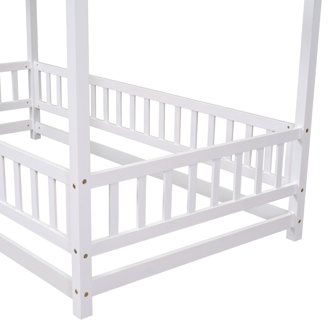 Twin Size Floor Wooden Bed With House Roof Frame, Fence Guardrails,White Old Sku:W1791106615 Twin White Pine