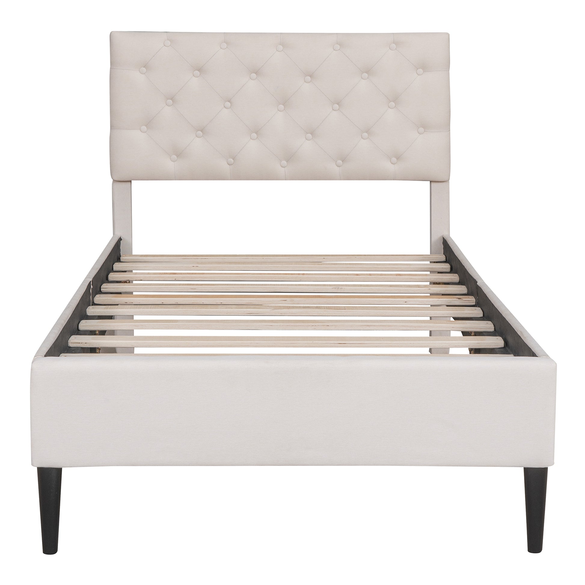 Upholstered Linen Platform Bed, Twin Size, Beige Twin Beige Linen